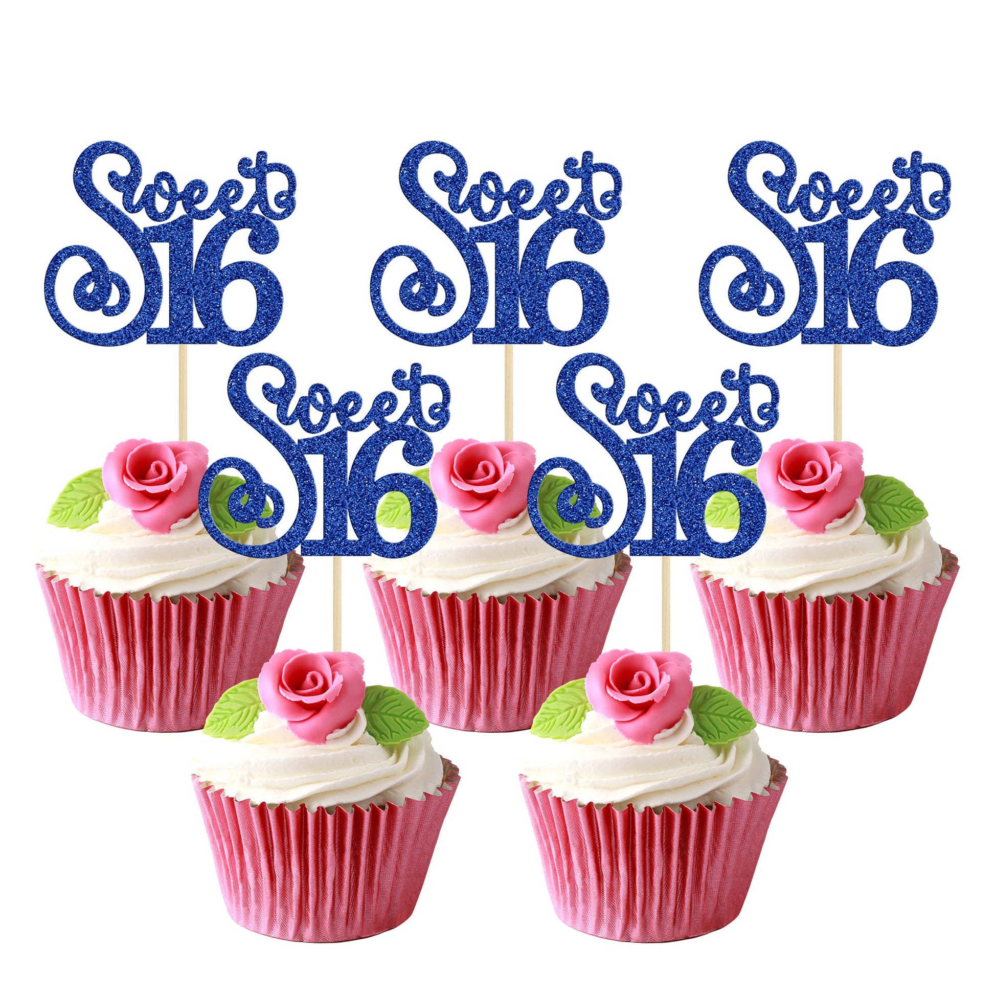 Gyufise 24 Pack Cupcake Toppers Glitter Happy Sweet 16 Decorations, Blue, Model ZN0475-4-DBL