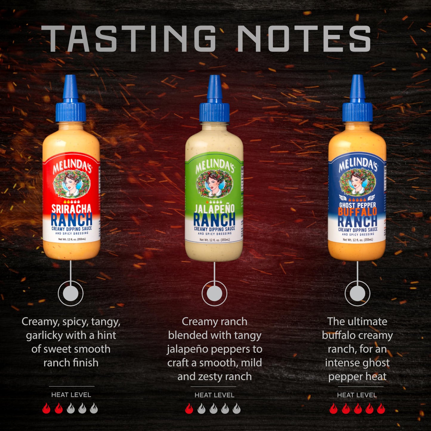 Melindas Spicy Ranch Collection - Variety Gourmet Sauce Gift Set with Creamy Sriracha, Ghost Pepper Buffalo & Jalapeno Ranch Dip