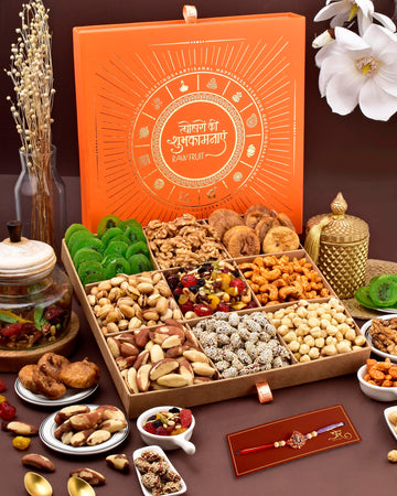 Hyperfoods Rakhi For Brother Rakhi Gift Hamper Rakhi Gift Set For Brother Rakhi With Dryfruits L9 Tray Orange Brazilnut Hazelnut