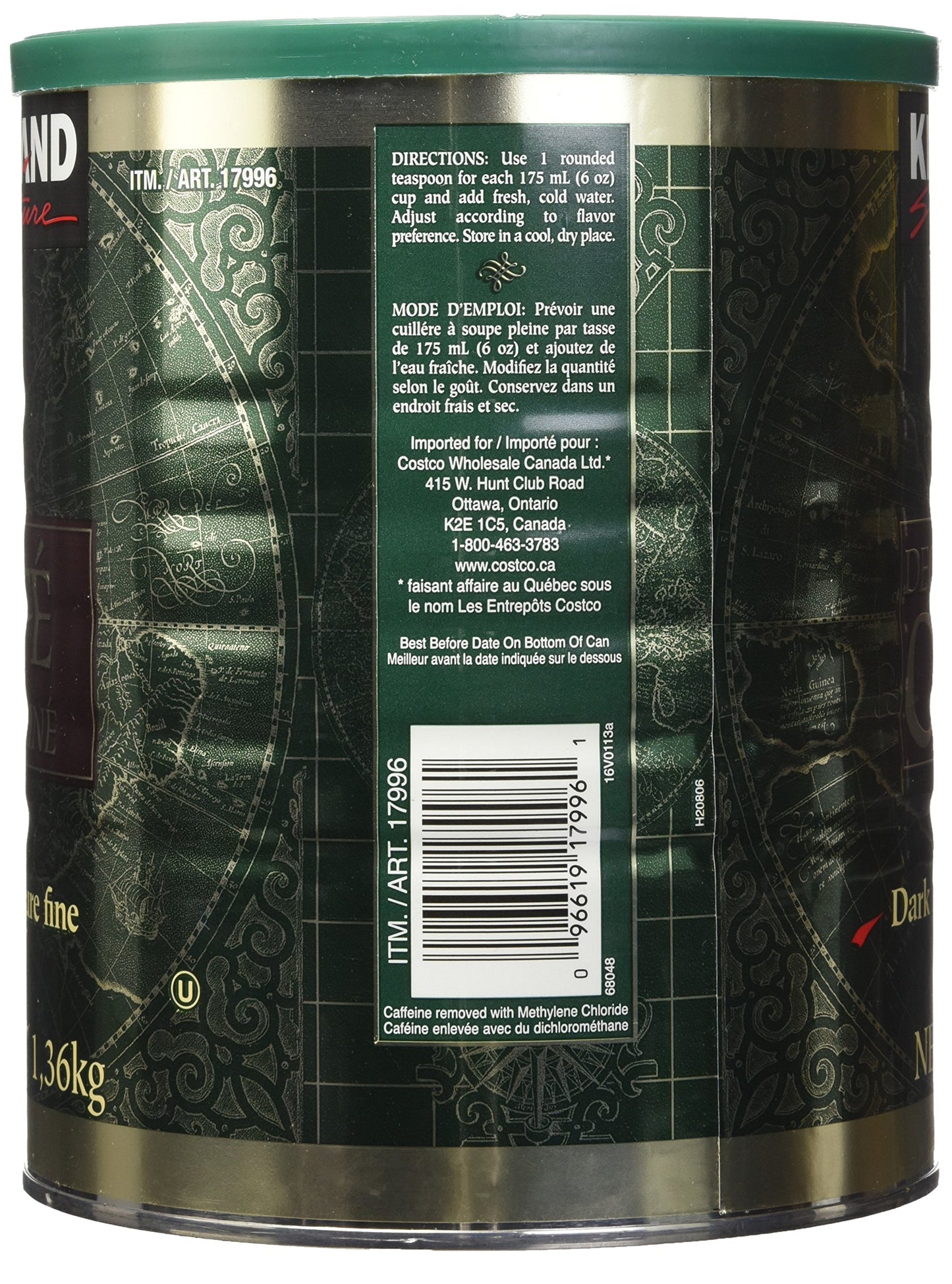 Kirkland Signature 100% Colombian Dark Roast Decaffeinated Ground Coffee - 1.36Kg