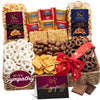 Nut Cravings KREMERY Sympathy Gift Basket - Chocolate Pretzels & Caramel Popcorn, Deluxe 3.5 lbs, Seagrass Tray with Ribbon & Card
