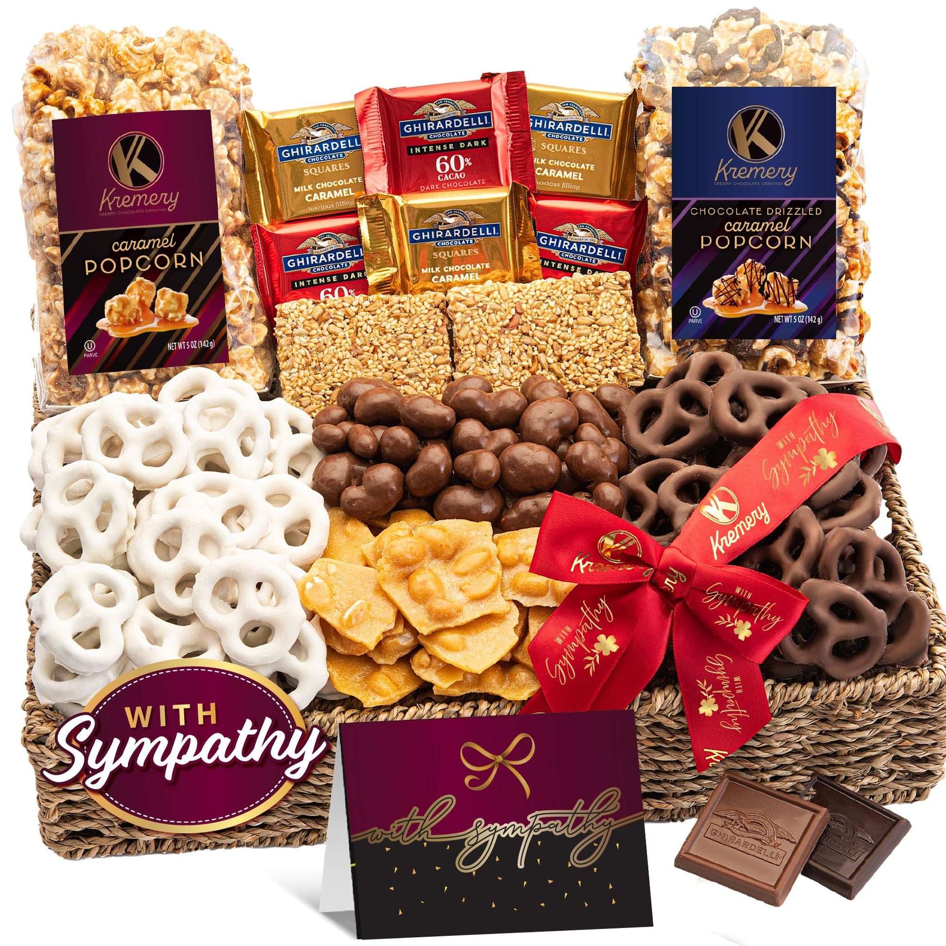 Nut Cravings KREMERY Sympathy Gift Basket - Chocolate Pretzels & Caramel Popcorn, Deluxe 3.5 lbs, Seagrass Tray with Ribbon & Card