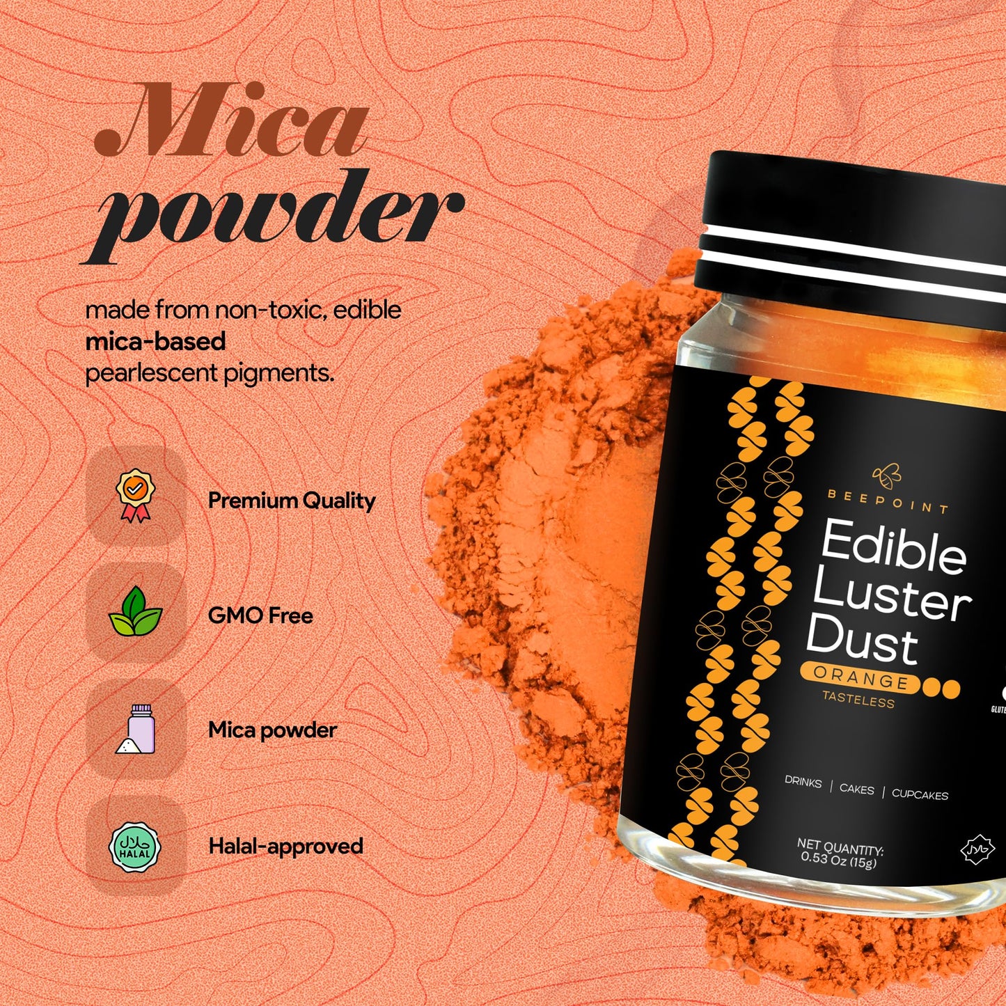 BeePoint Edible Glitter Luster Dust - Food Grade Shimmer Powder, 15g, Orange, Vegan & Gluten Free for Baking, Cocktails, and Decorating