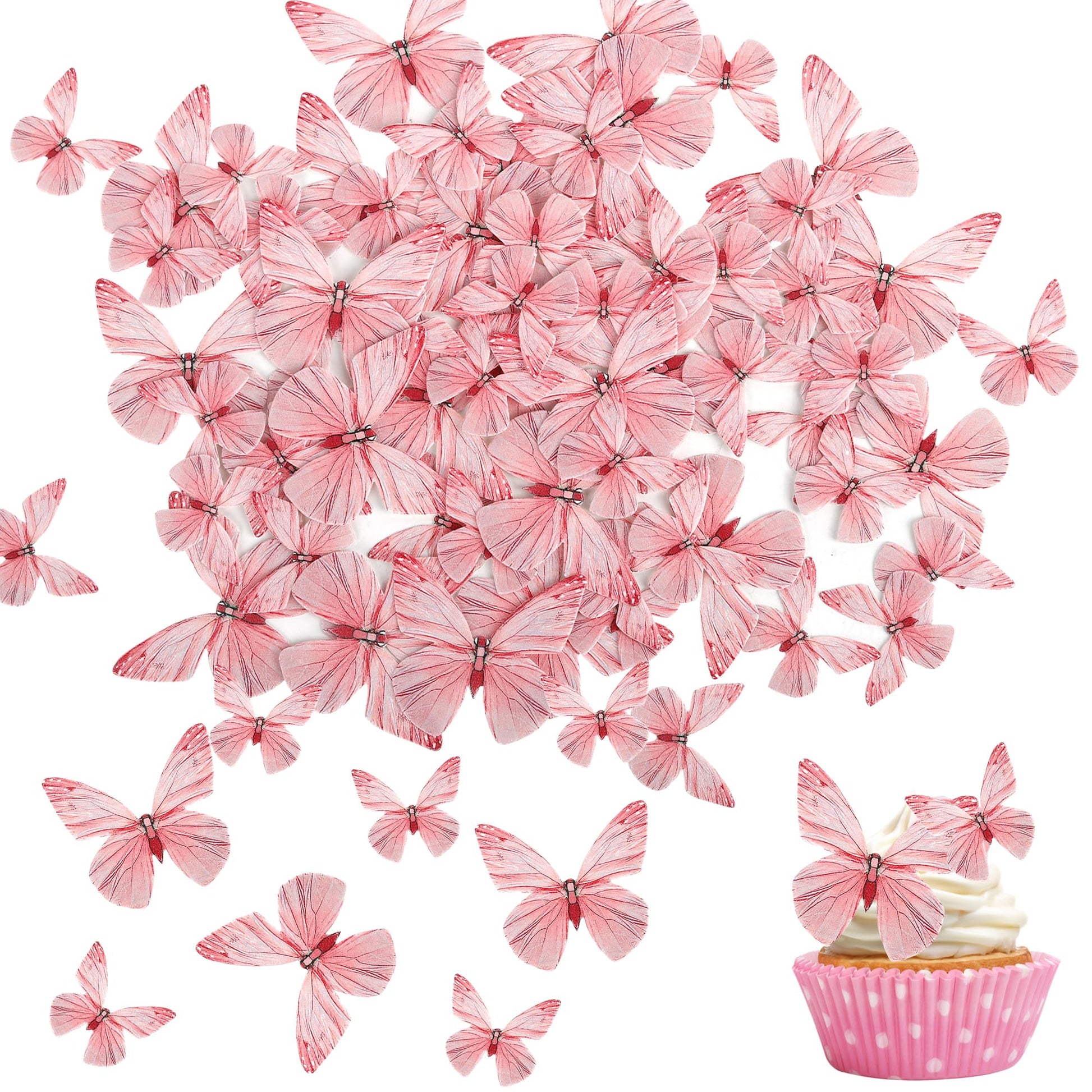 ZHUOWEISM 72PCS Edible Butterfly Cupcake Toppers, Pink Paper Decorations for Baby Showers & Kids Birthday Parties