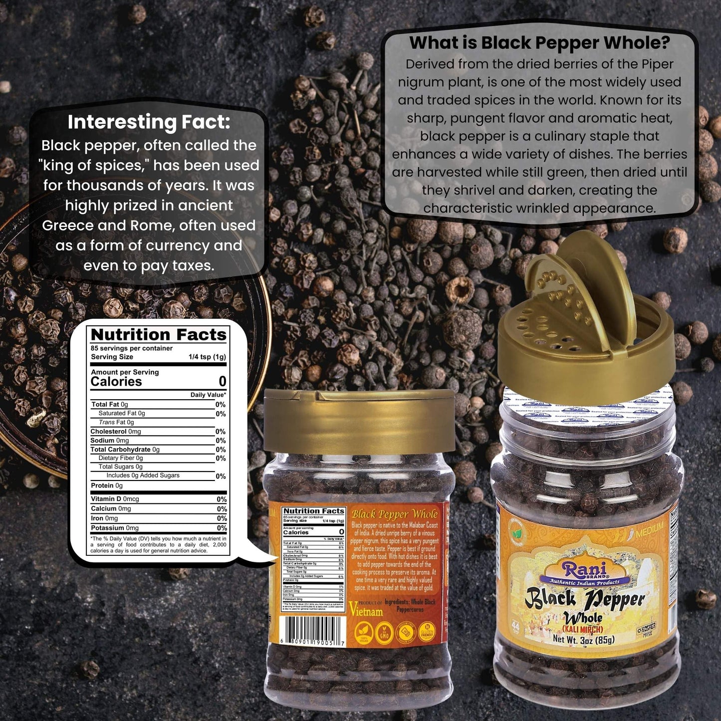 Rani Black Pepper Whole (Peppercorns), Premium MG-1 Grade, 3oz PET Jar, Gluten Friendly, Non-GMO, Kosher, Product of Vietnam