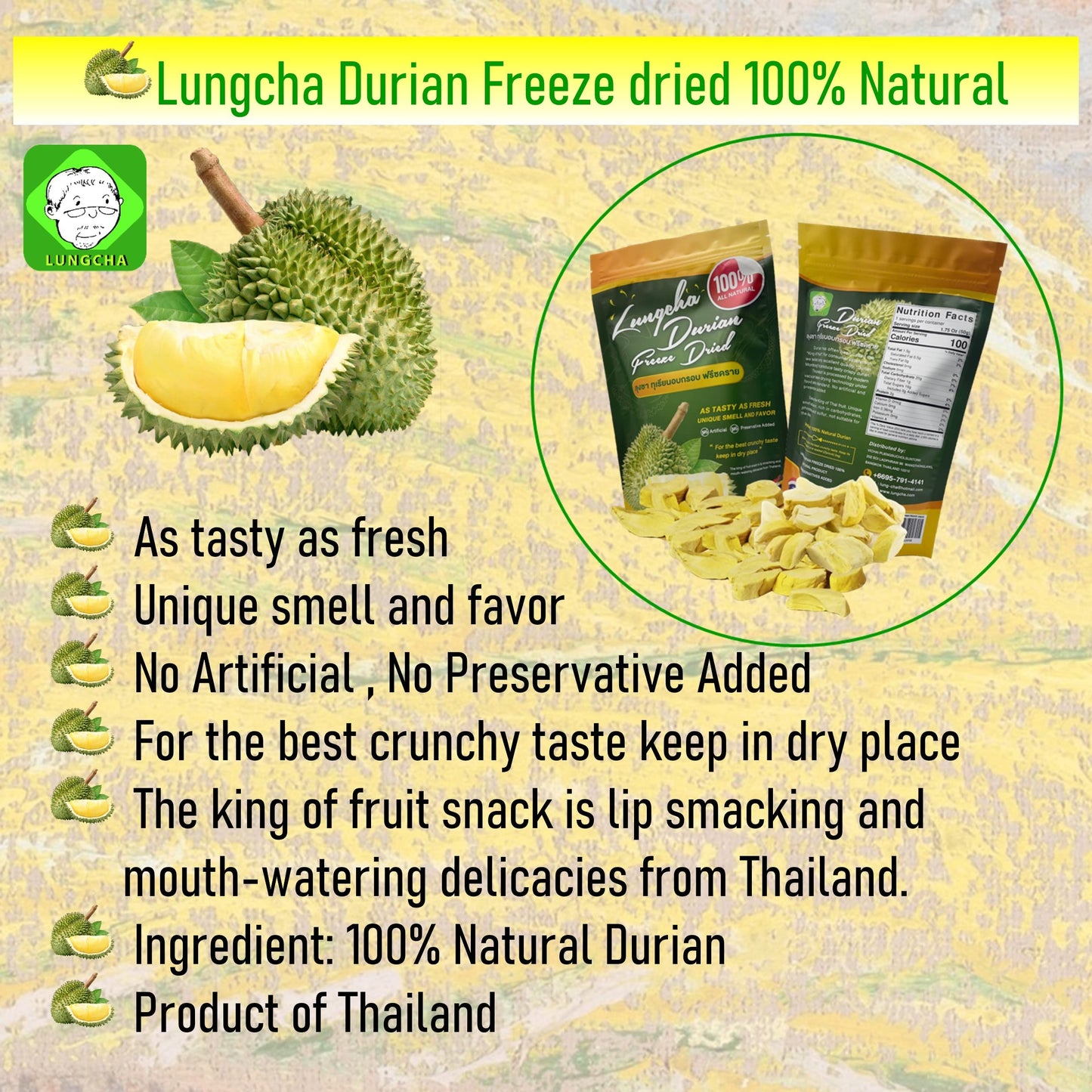 Durian King Of Fruit Vacuum Freeze Dried Fresh Durian Monthong Made From Real Fruit 50 Gram Or 1.75 Ounce Pack Of 2