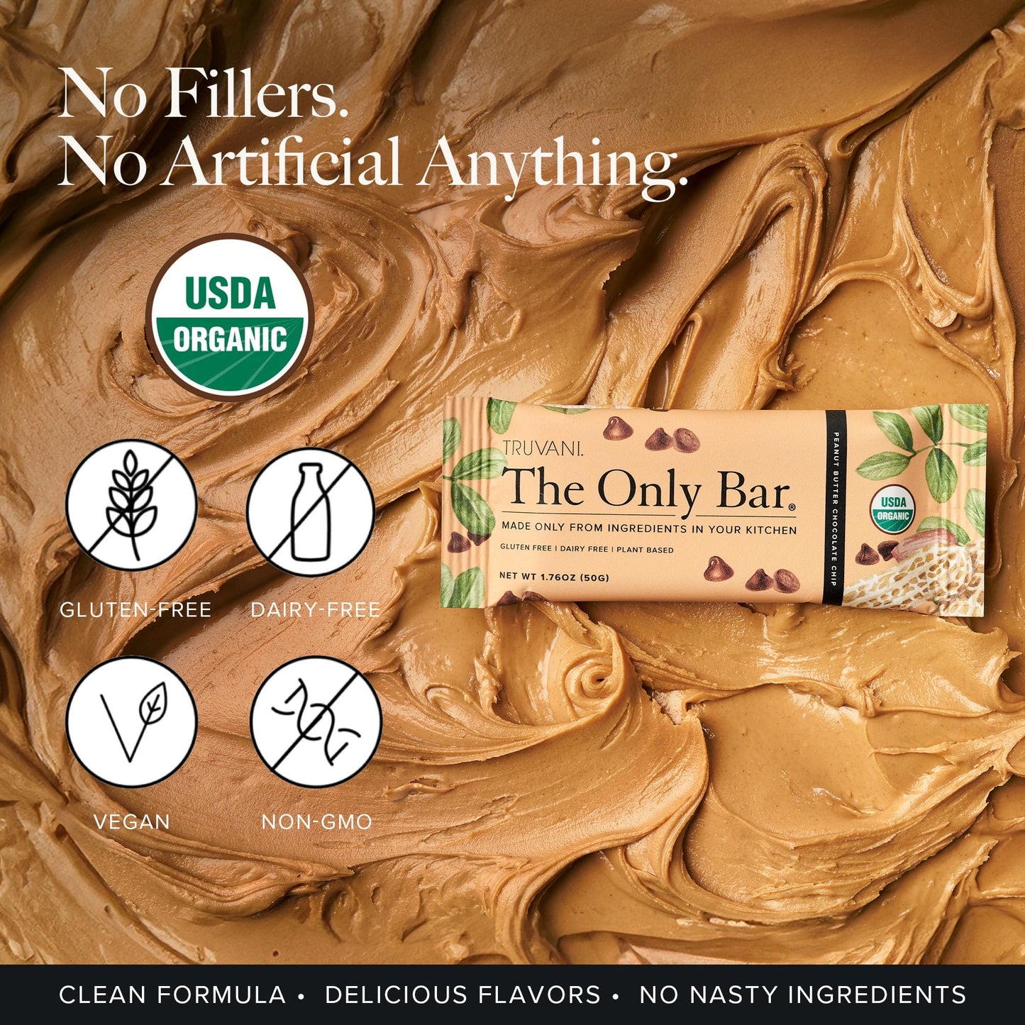 Truvani Plant Based Snack Bars | Peanut Butter Chocolate Chip 12 Pack | 8G Protein | Usda Organic And Vegan | The Only Bar | Dairy, Soy, And Gluten Free | Individually Wrapped