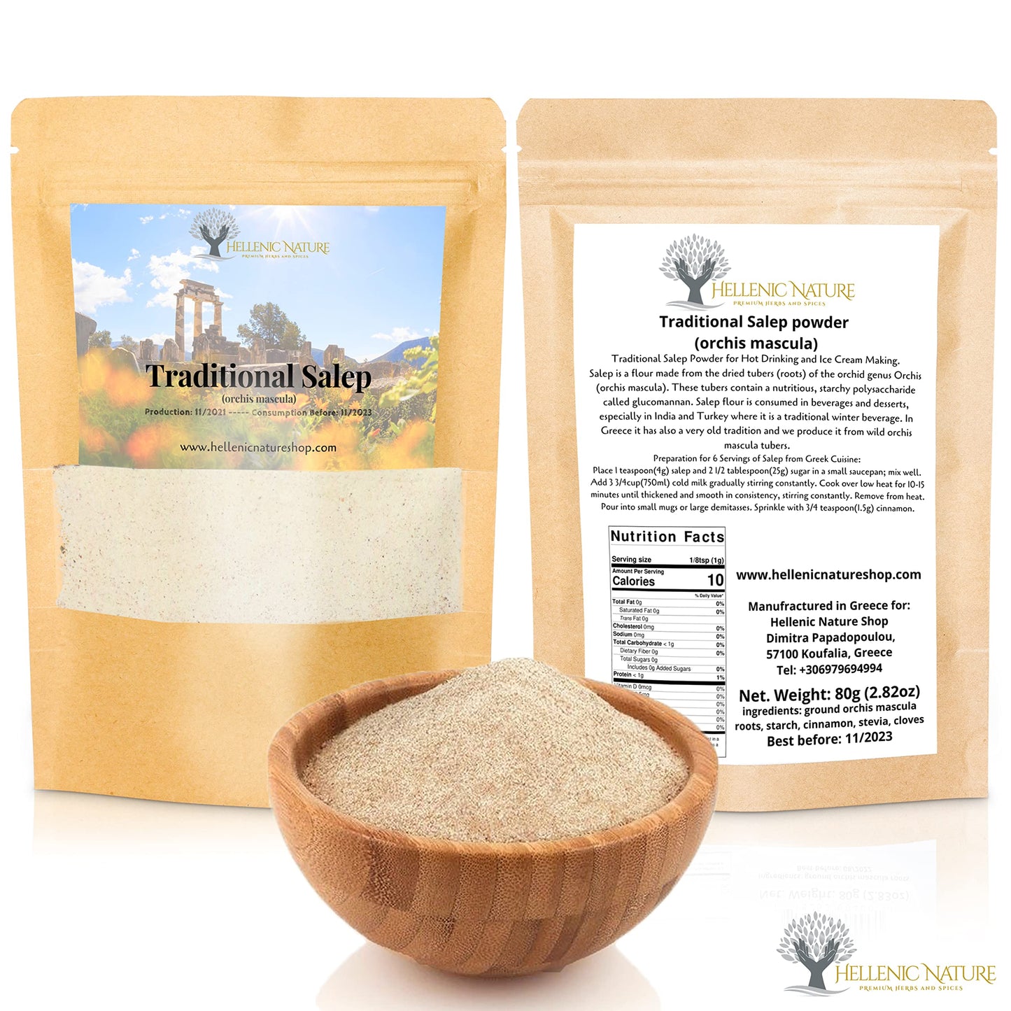 HELLENIC NATURE Traditional Salep Sahlep - Hot Drink in DoyPack with ZipLock, 2.82oz