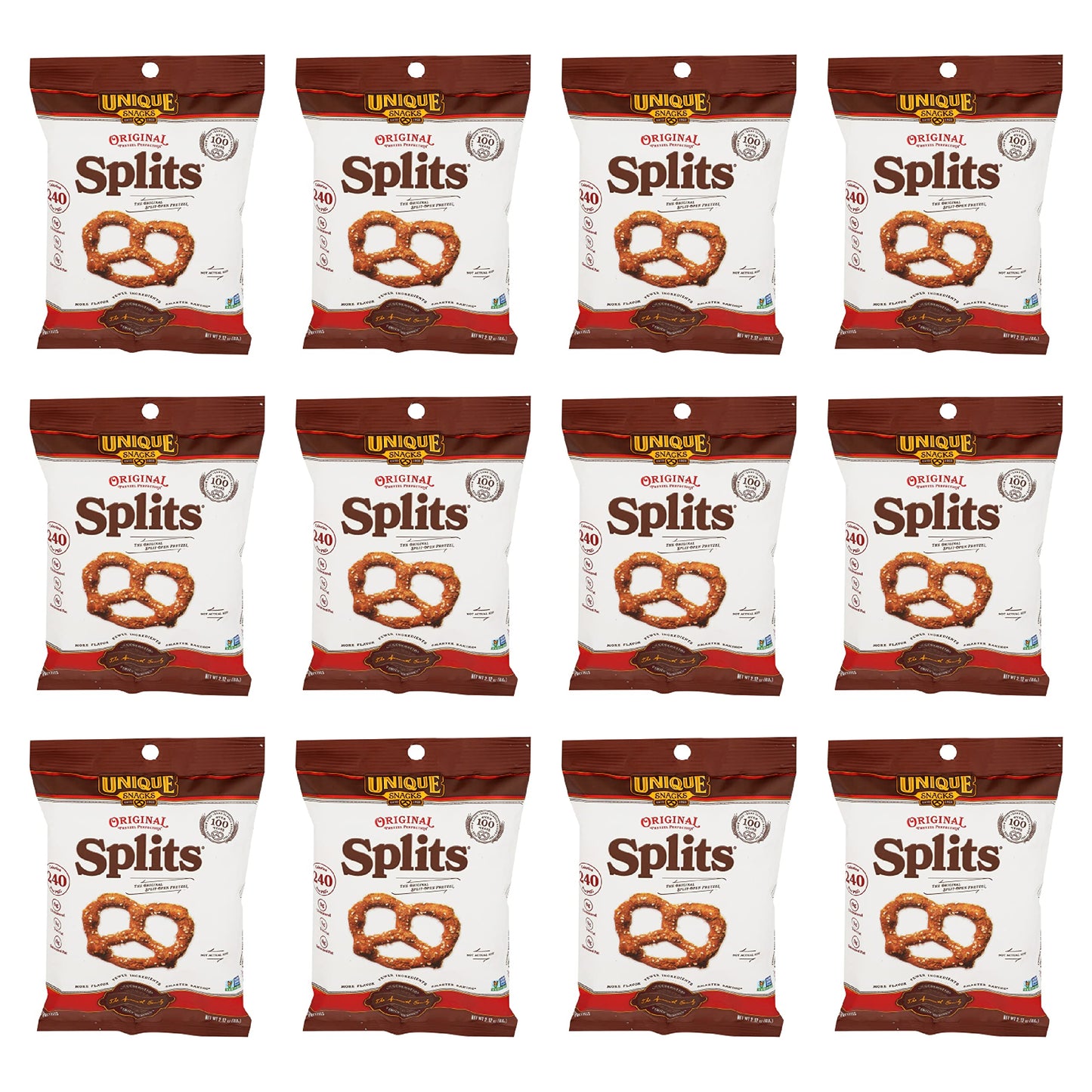 Unique Snacks Original Splits Pretzels, Homestyle-Baked, OU Kosher, Non-GMO, 2.12 Oz, Pack of 12