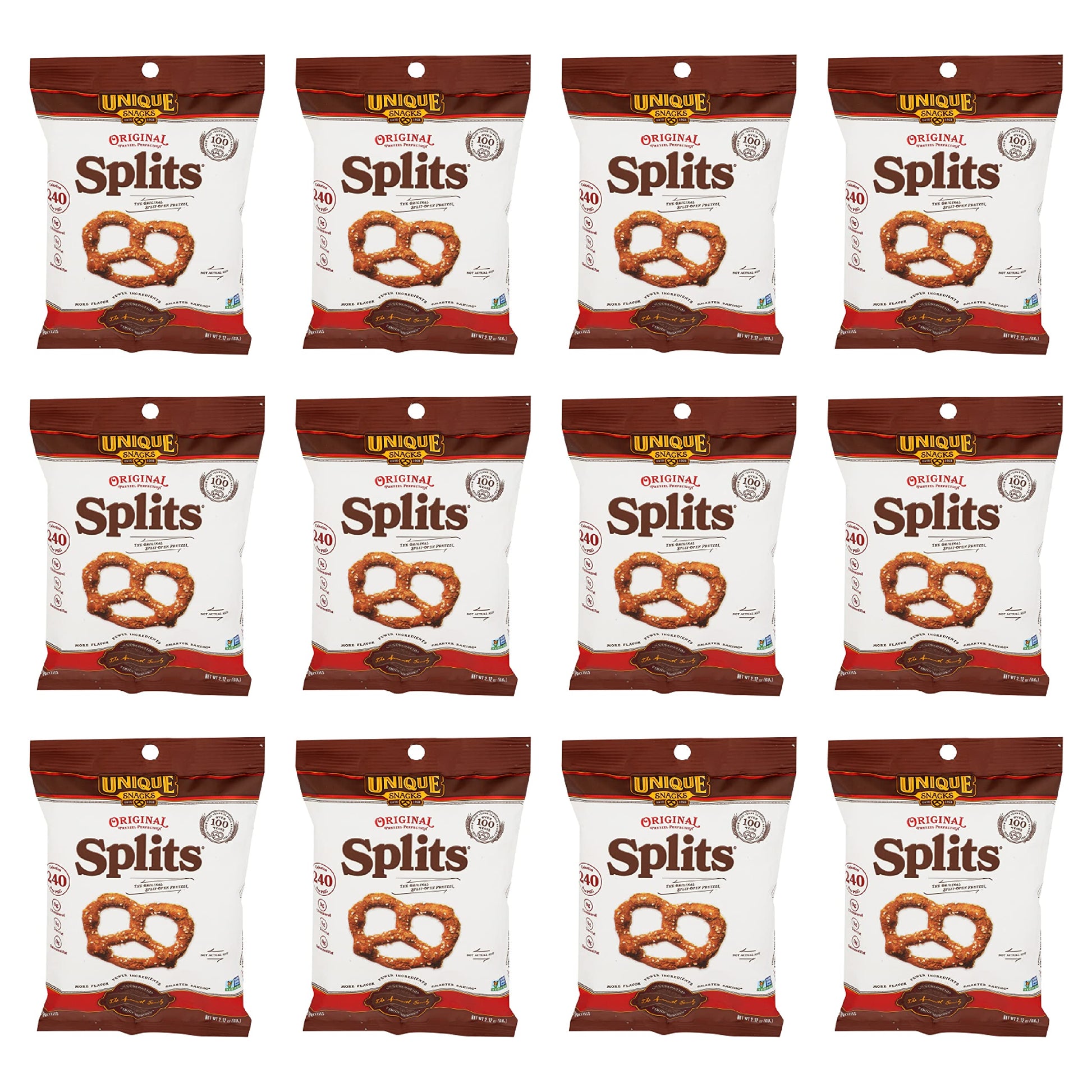 Unique Snacks Original Splits Pretzels, Homestyle-Baked, OU Kosher, Non-GMO, 2.12 Oz, Pack of 12