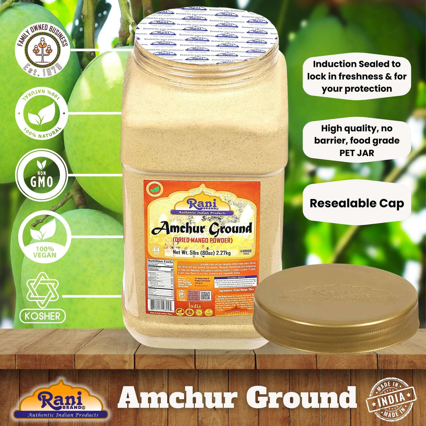 Rani Amchur (Mango) Ground Powder Spice 80Oz (5Lbs) 2.27Kg Bulk Pet Jar ~ All Natural, Indian Origin | No Color | Gluten Friendly | Vegan | Non-Gmo | Kosher | No Salt Or Fillers