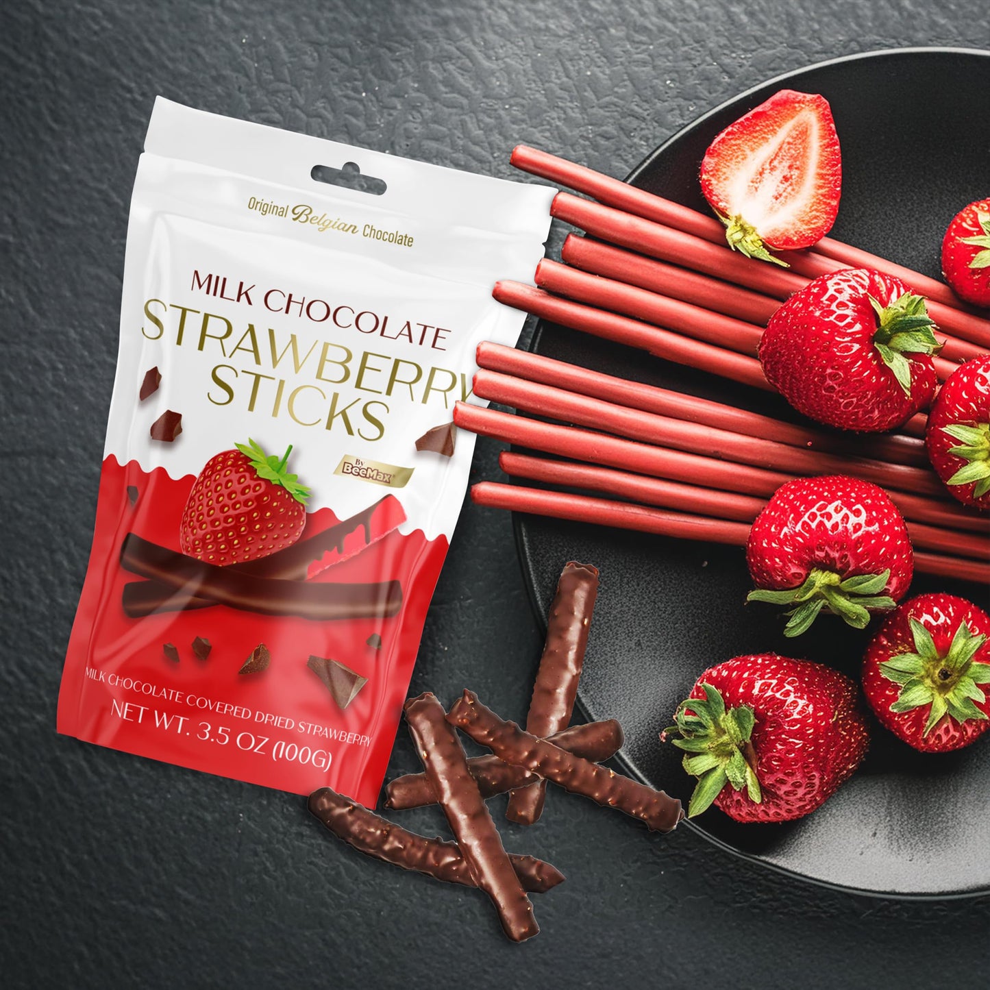 BEEMAX Belgian Chocolate Covered Fruit Sticks - Gourmet Dried Fruit Treat, 3.5 oz Resealable Pouch, Non-GMO, Milk Chocolate, Strawberry