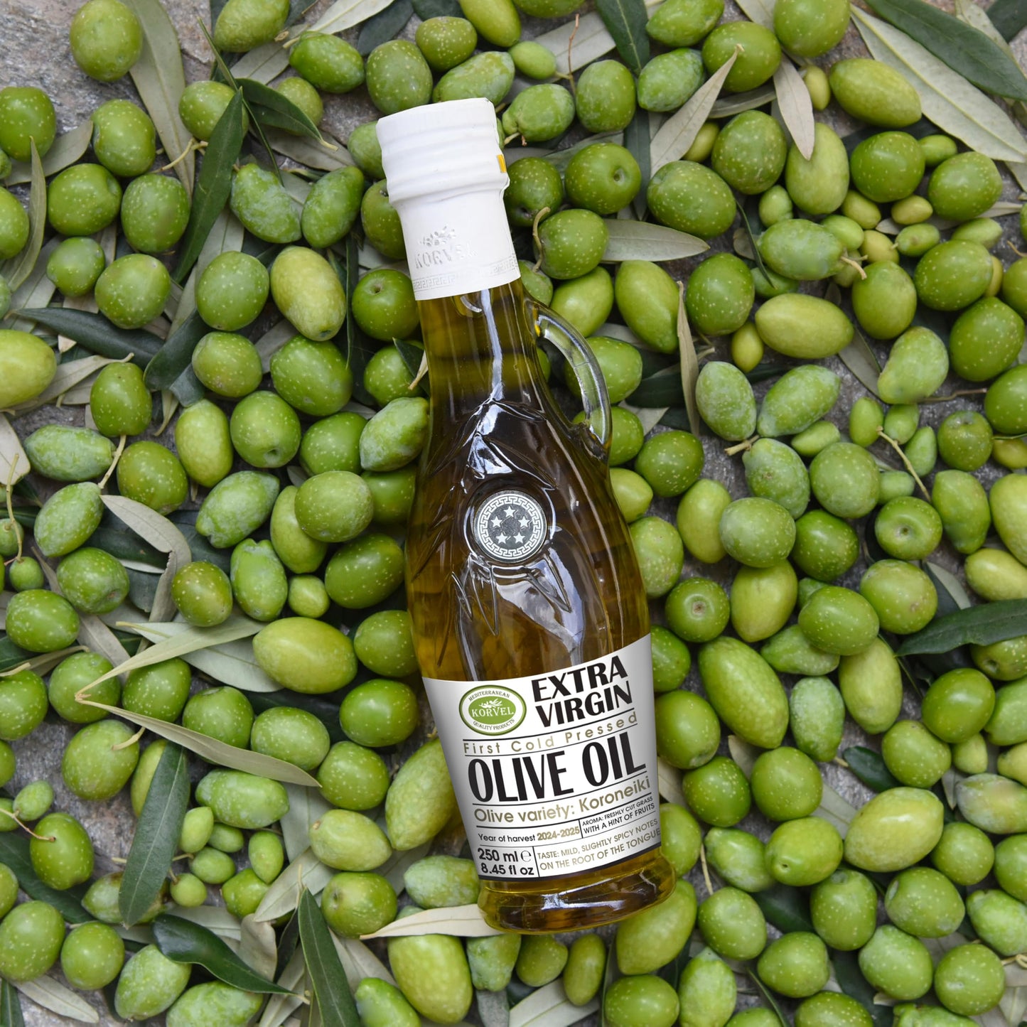 KORVEL Extra Virgin Olive Oil, Glass Bottle, Amphora, 250 ml, 8.45 fl oz