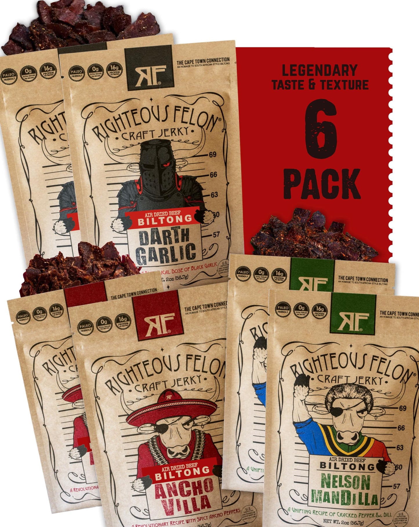 Righteous Felon Biltong Beef Jerky Variety Pack | South African Biltong Snack Packs For Mature-Themeds | High Protein, Keto-Friendly, Low Sugar | Made With Enhanced Meats | Beef Jerky Gifts For Men | 6 Pack