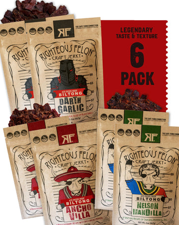 Righteous Felon Biltong Beef Jerky Variety Pack | South African Biltong Snack Packs For Mature-Themeds | High Protein, Keto-Friendly, Low Sugar | Made With Enhanced Meats | Beef Jerky Gifts For Men | 6 Pack