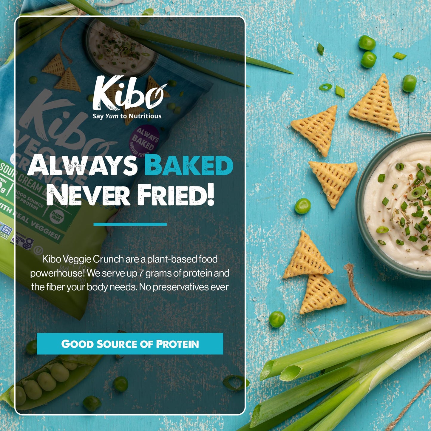 Kibo Veggie Chips Sour Cream And Onion - Plant-Based Protein, Gluten-Free, Non-Gmo, Vegan-Friendly, 3D Triangles, Crunchy, Made