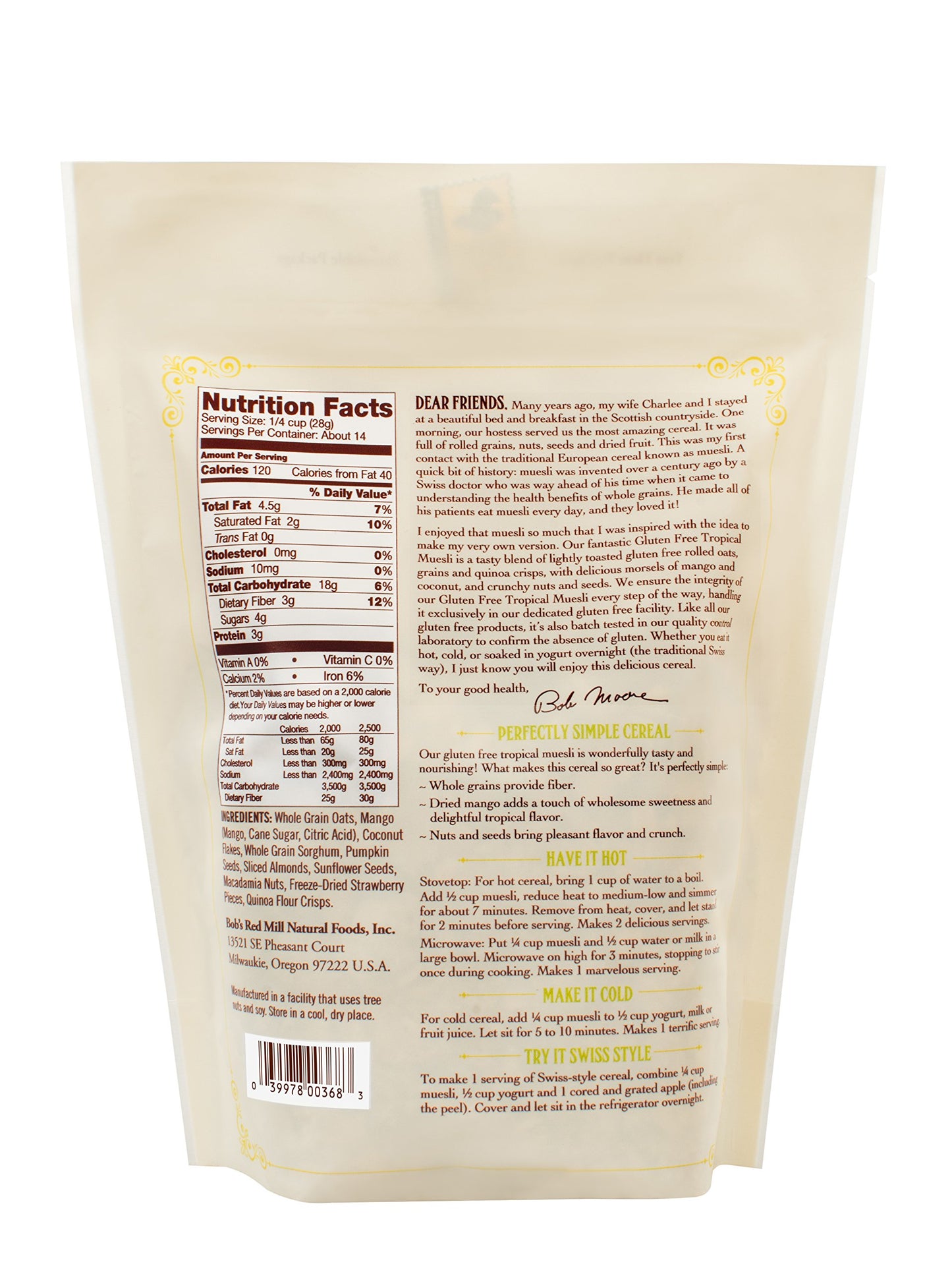 Bobs Red Mill Gluten Free Tropical Muesli, 14Oz (Pack Of 1) - Gluten Free, Non Gmo, Whole Grain, Kosher