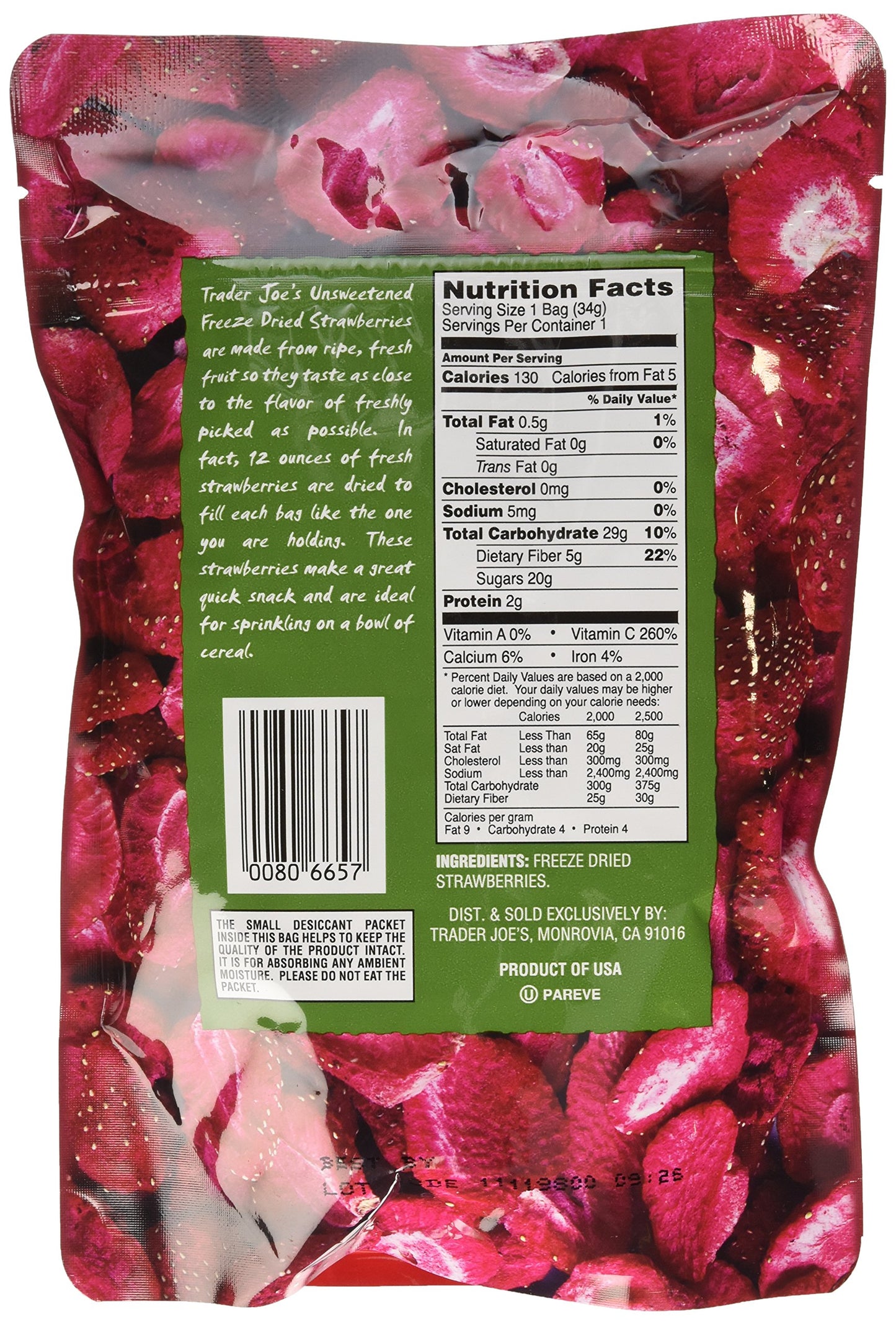 Trader Joes Dried Freeze-Dried Strawberries, Unsweetened & Unsulfured, 1.2 OZ (3 Pack)