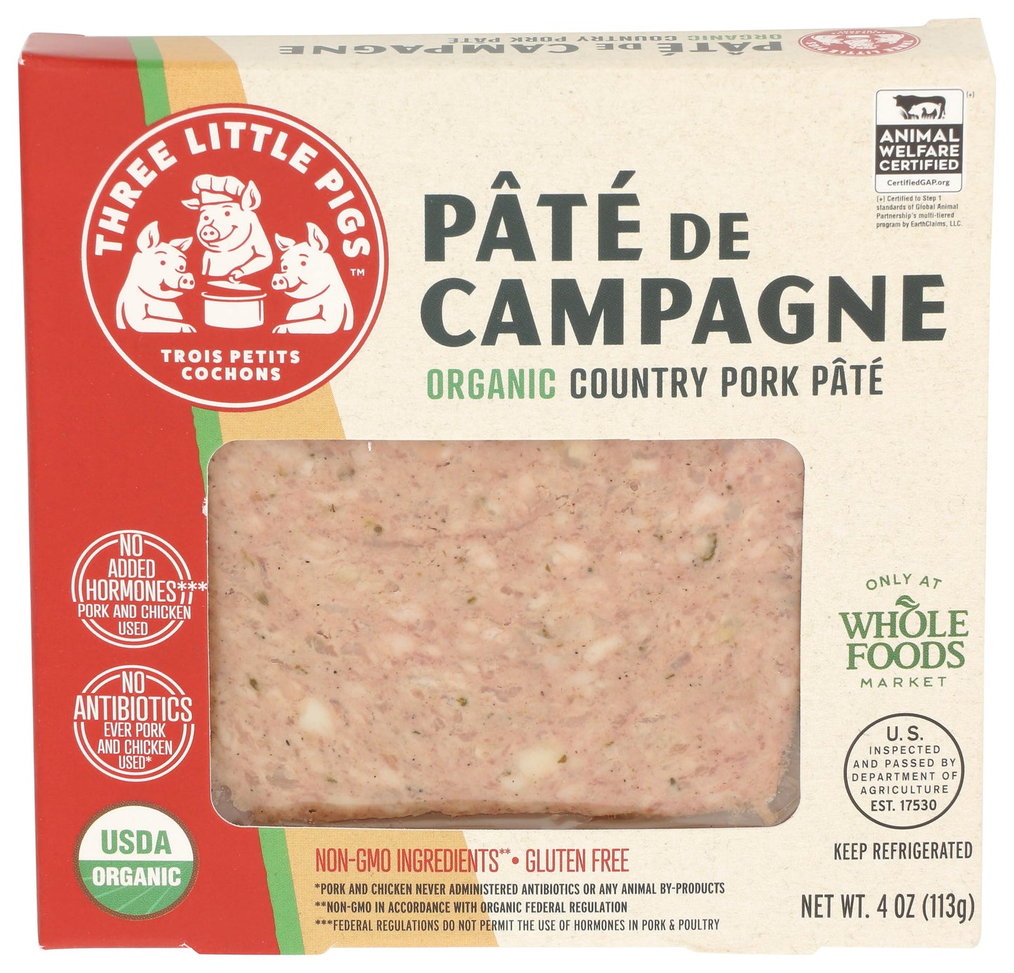 Les Trois Petits Cochons, Organic Pate de Campagne - Organic Country Pork Pate, 4 oz