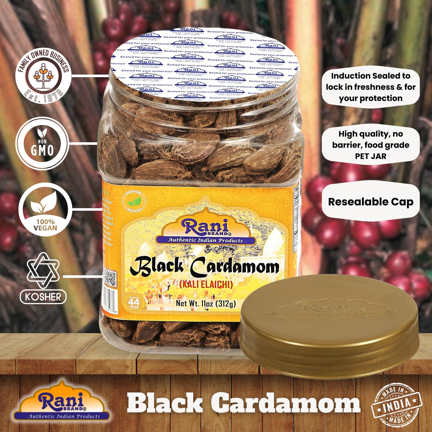 Rani Black Cardamom Pods (Kali Elachi) Whole Indian Spice 11Oz (312G) Pet Jar ~ All Natural | Vegan | Gluten Friendly | Non-Gmo | Indian Origin ~ Smokey | Tsaoko | Cao Guo | Bach Dan Khau | Badi