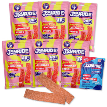 JOYRIDE Sour Strips 3.5 oz - Pink Lemonade, Low Sugar Candy, 6-Pack Bundle with Glacial Peppermint Gum