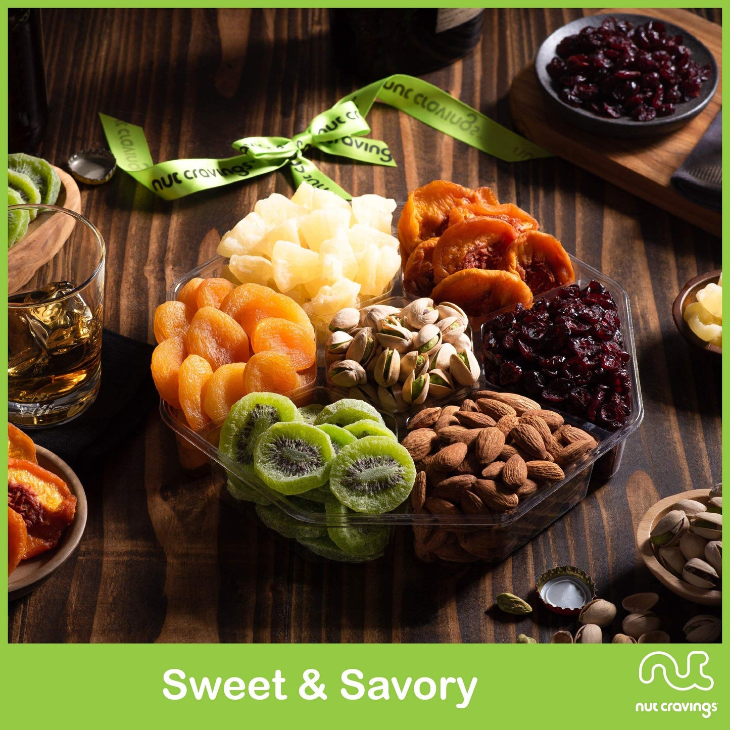 Nut Cravings Gourmet Dried Fruit & Mixed Nuts Gift Basket, 1 LB, Green Ribbon, 7 Assortments, Healthy Corporate Care Package