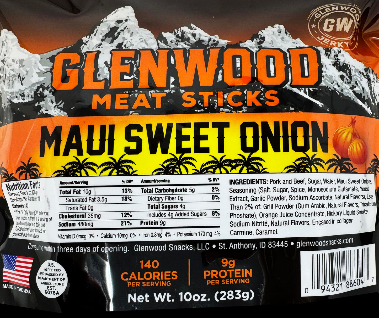 Glenwood Snacks Meat Sticks, High Protein, Maui Sweet Onion, 10 Ounce