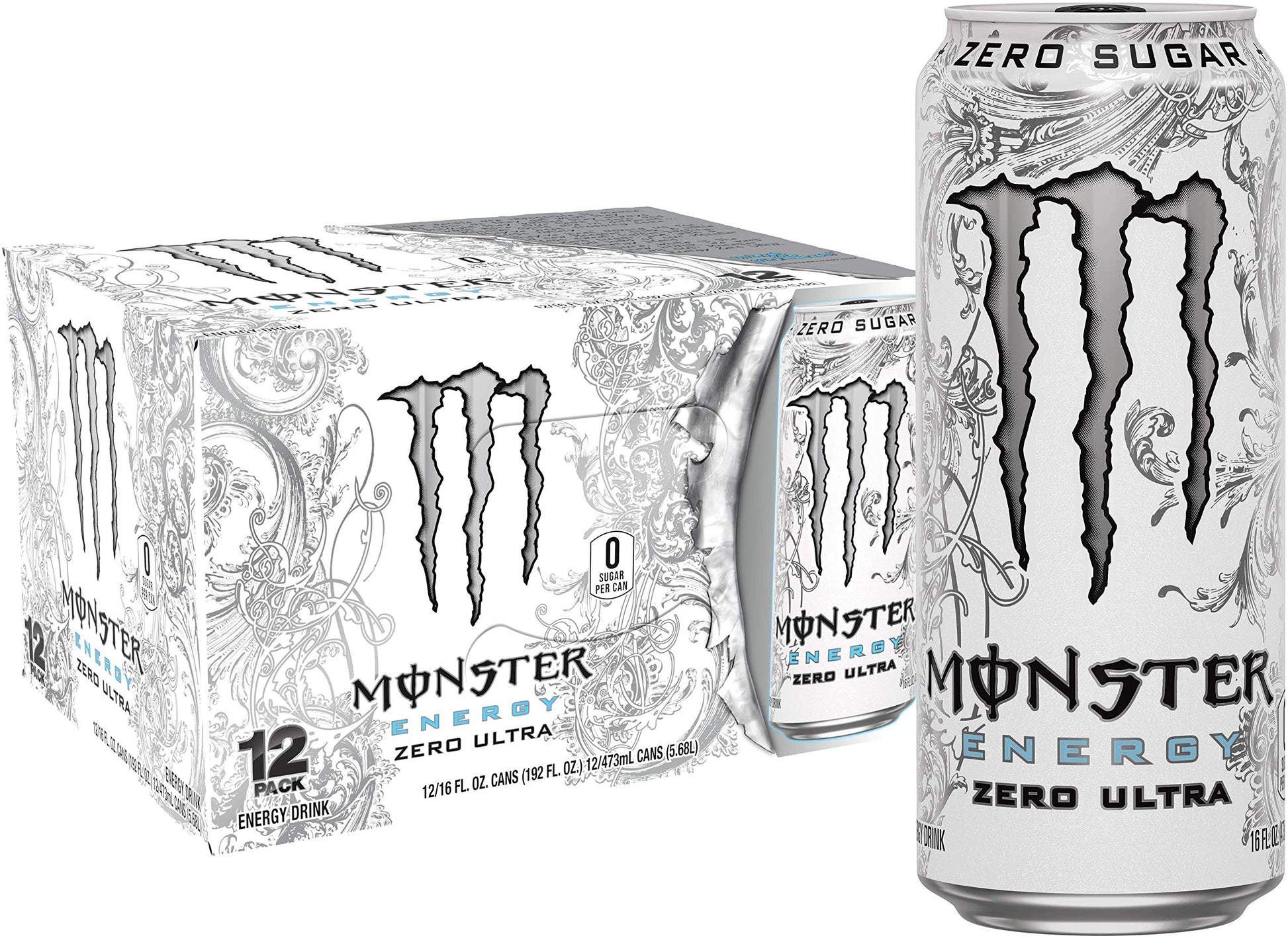 Monster Energy Zero Ultra Sugar Free Energy Drink, 16 Fl Oz, Pack of 12, White