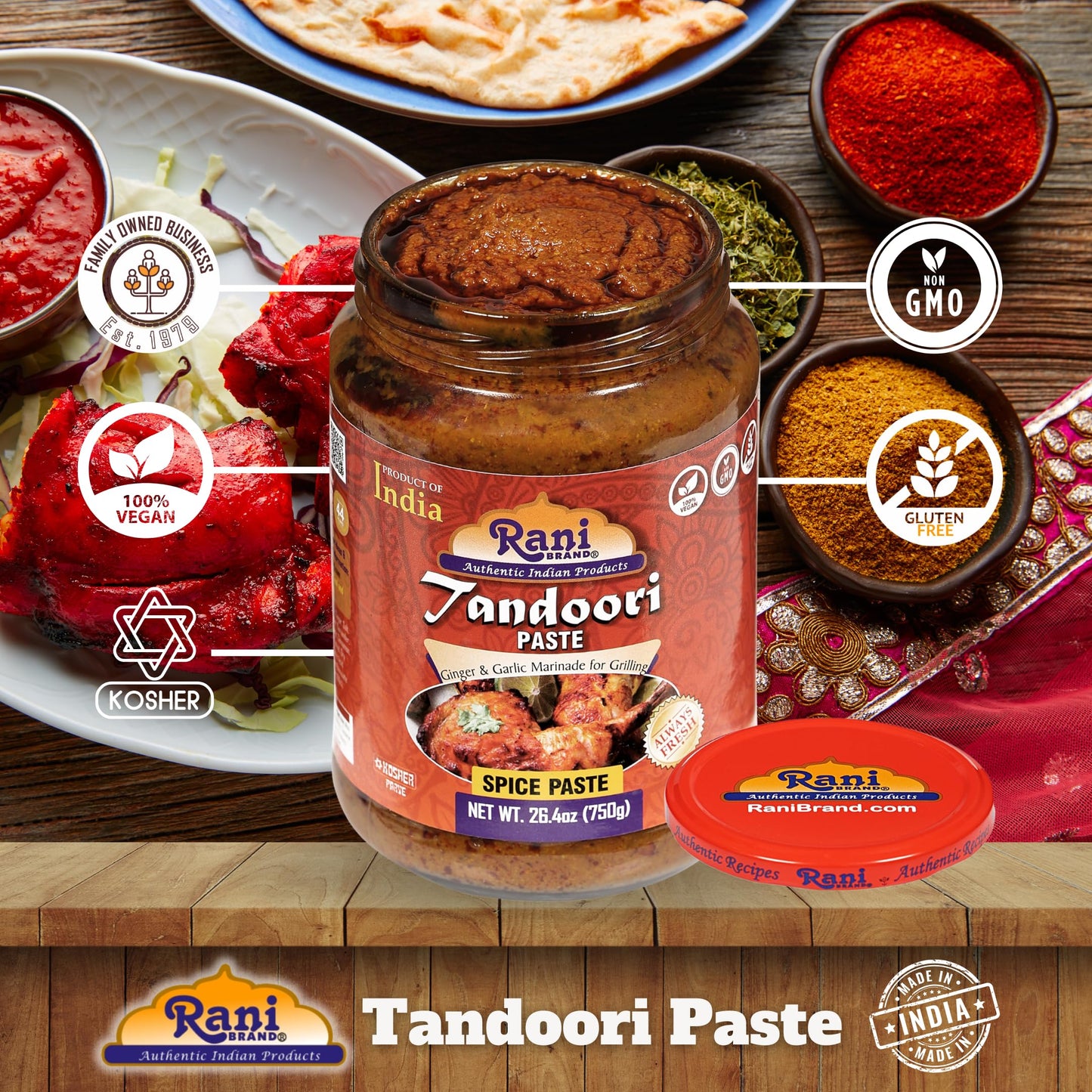 Rani Tandoori Paste (No Colors) 26.5Oz (750G) Glass Jar, Pack Of 5+1 Free ~ For Tandoori Chicken, Chicken Tikka, Paneer Tikka |