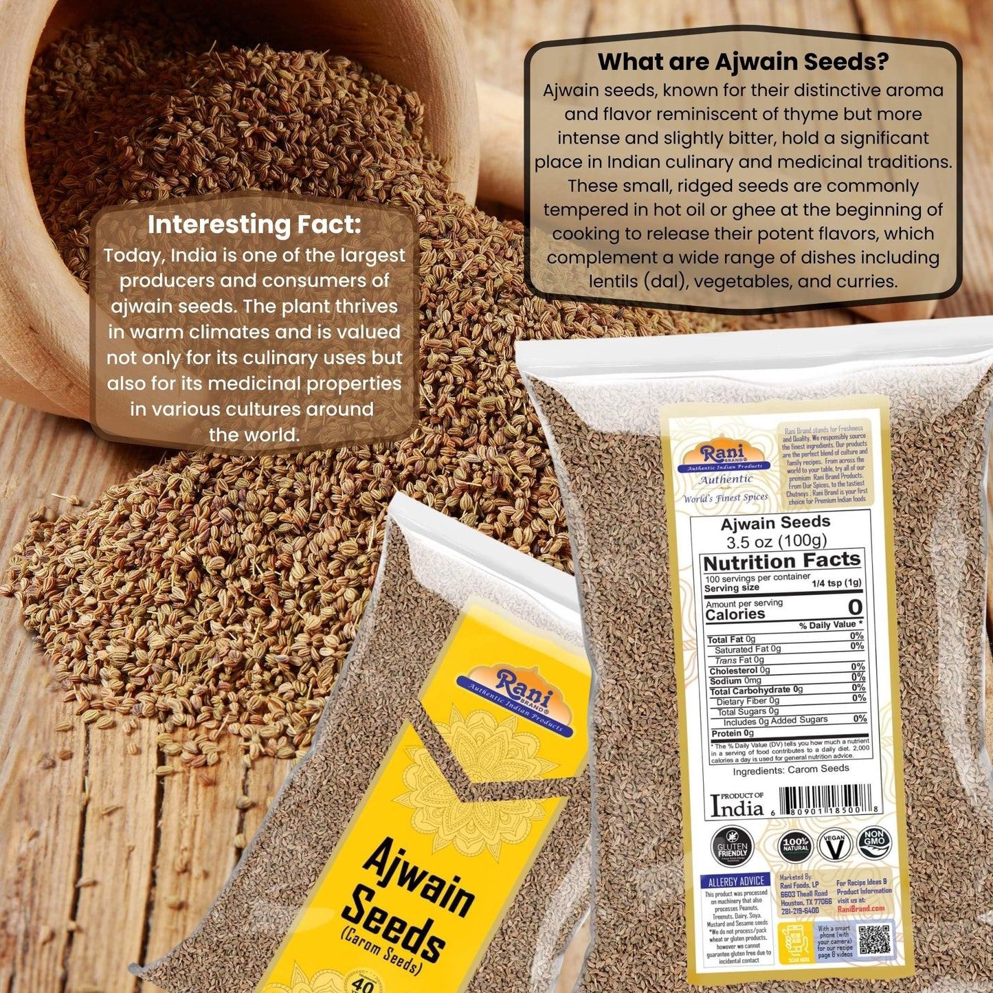 Rani Ajwain Seeds Whole Spice - 3.5oz (100g), All Natural, Vegan, Gluten-Friendly, Non-GMO, Kosher, Indian Origin