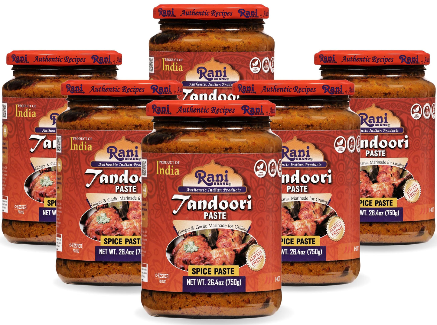 Rani Tandoori Paste (No Colors) 26.5Oz (750G) Glass Jar, Pack Of 5+1 Free ~ For Tandoori Chicken, Chicken Tikka, Paneer Tikka |