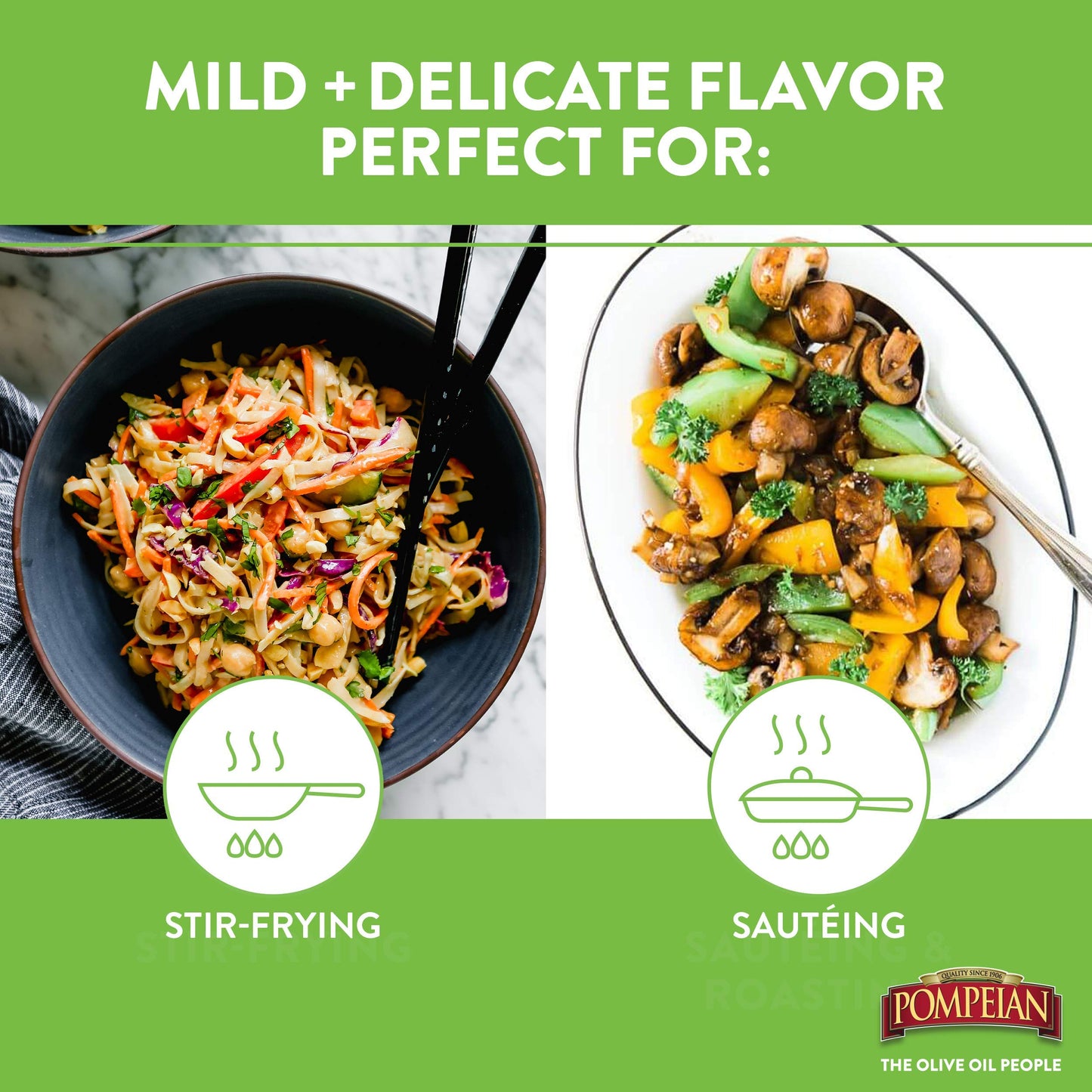 Pompeian Smooth Extra Virgin Olive Oil, First Cold Pressed, Mild and Delicate Flavor, Perfect for Sauteing and Stir-Frying, Natu