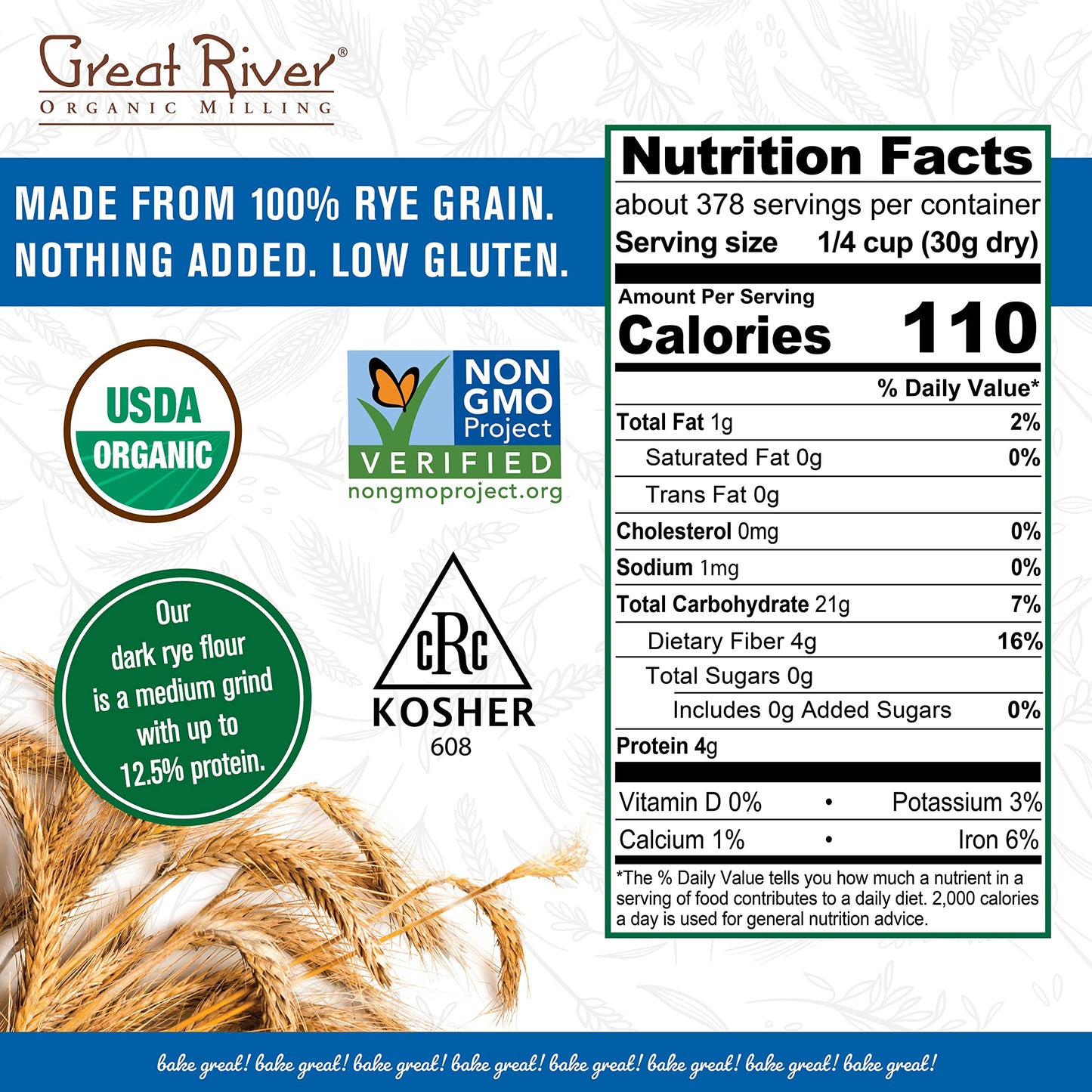 Great River Organic Milling Organic Dark Rye Flour | Whole Grain, Non-GMO, Kosher, Unbromated | Earthy Flavor for Rye Bread, Sou