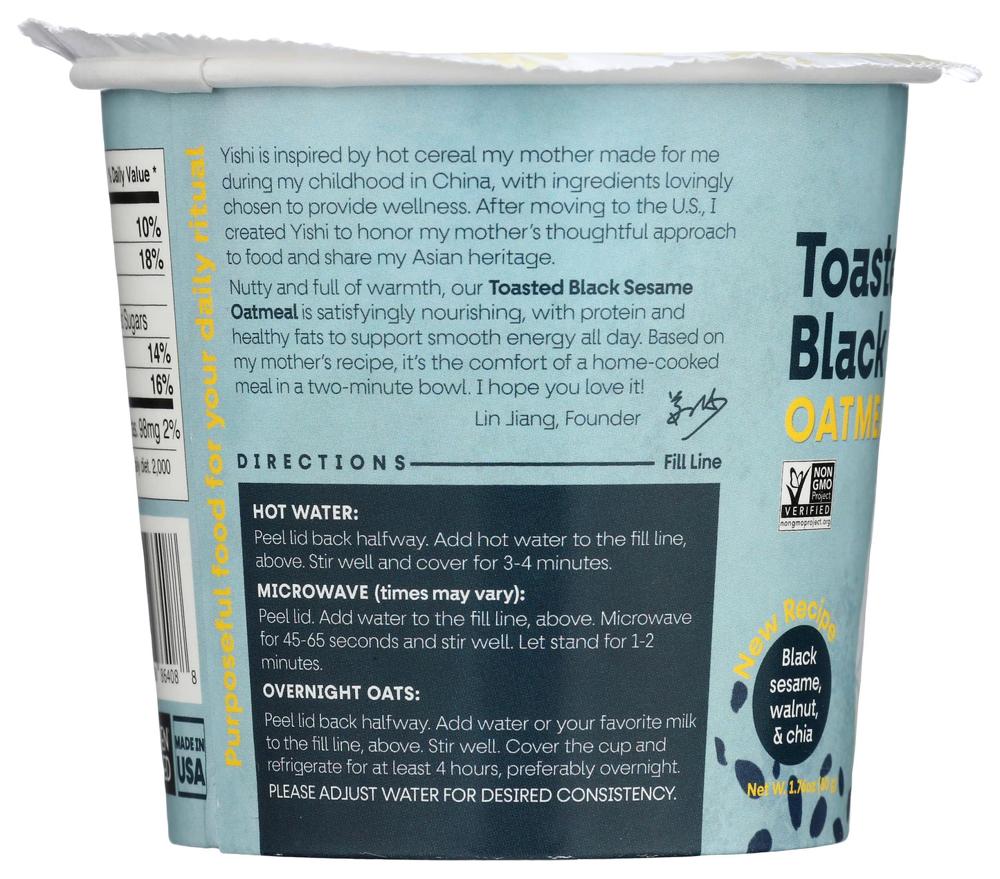 Yishi - Oatmeal Cup Toasted Black Sesame - Case Of 6 - 1.76 Ounces
