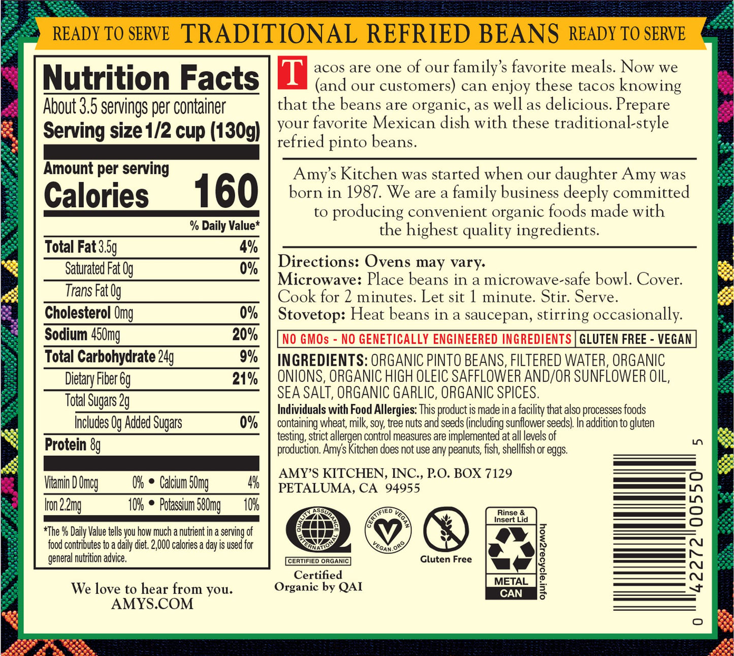 Amys Organic Refried Beans, Traditional, Vegan, Gluten Free, 15.4 Oz (12 Pack), Natural, Model 550