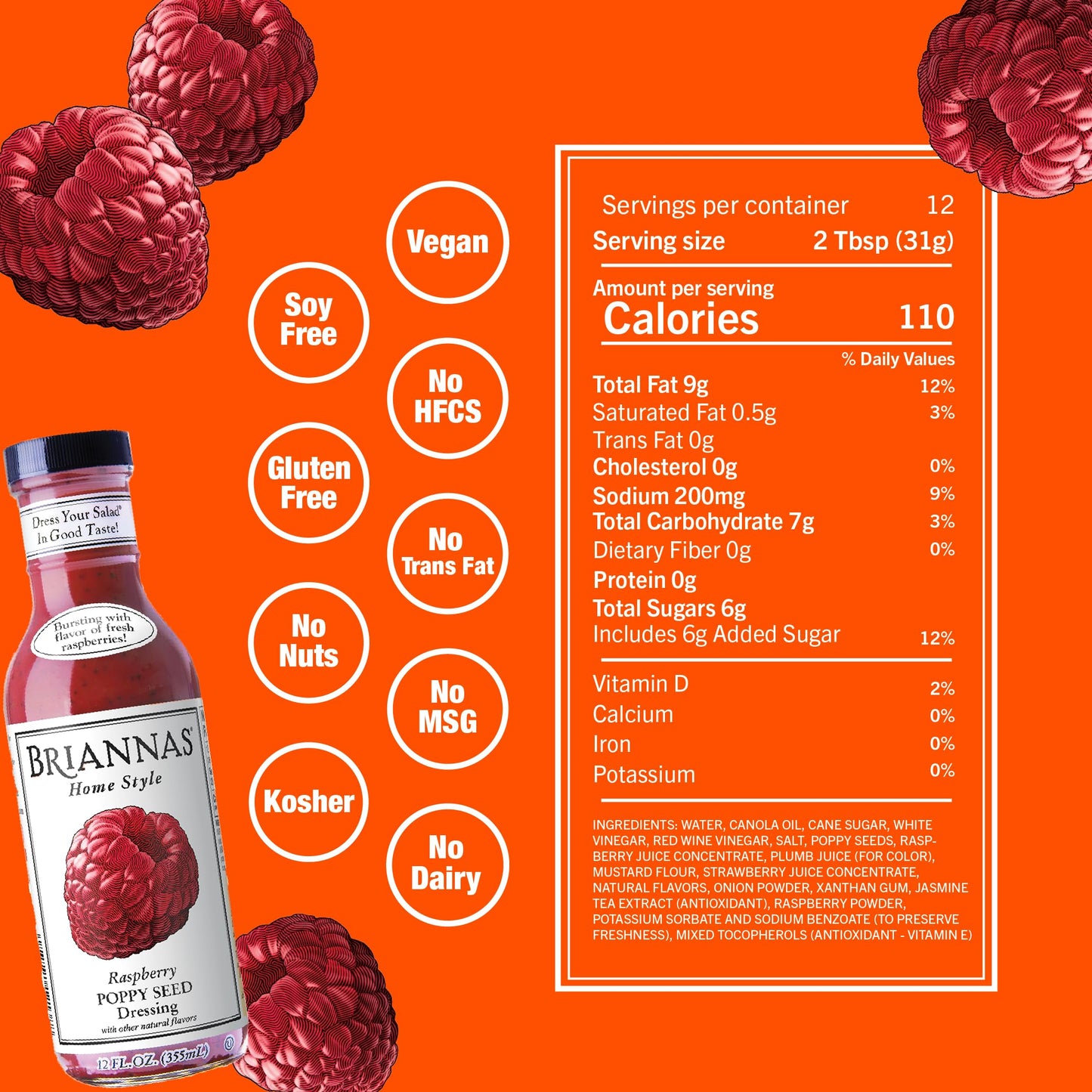 Briannas - Home Style Raspberry Poppy Seed Dressing - Fine Salad Dressing Made With Premium Ingredients - Gluten Free, Kosher, &
