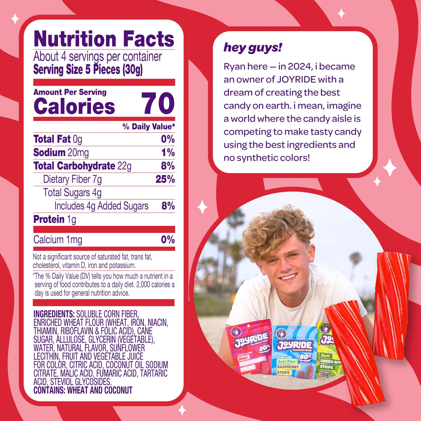 JOYRIDE Classic Strawberry Twists 4oz 6-Pack Bundle + 2.5oz Peppermint Gum, Low Sugar, Plant-Based Candy, Dye Free, Low Calorie Snacks