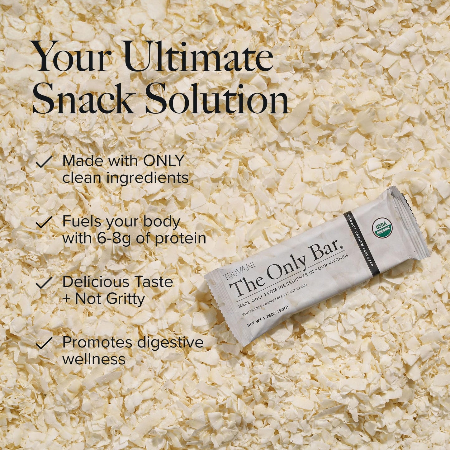 Truvani Plant Based Snack Bar | Coconut Cashew 12 Pack | 5g Protein | USDA Organic and Vegan | The Only Bar | Dairy, Soy, and Gl