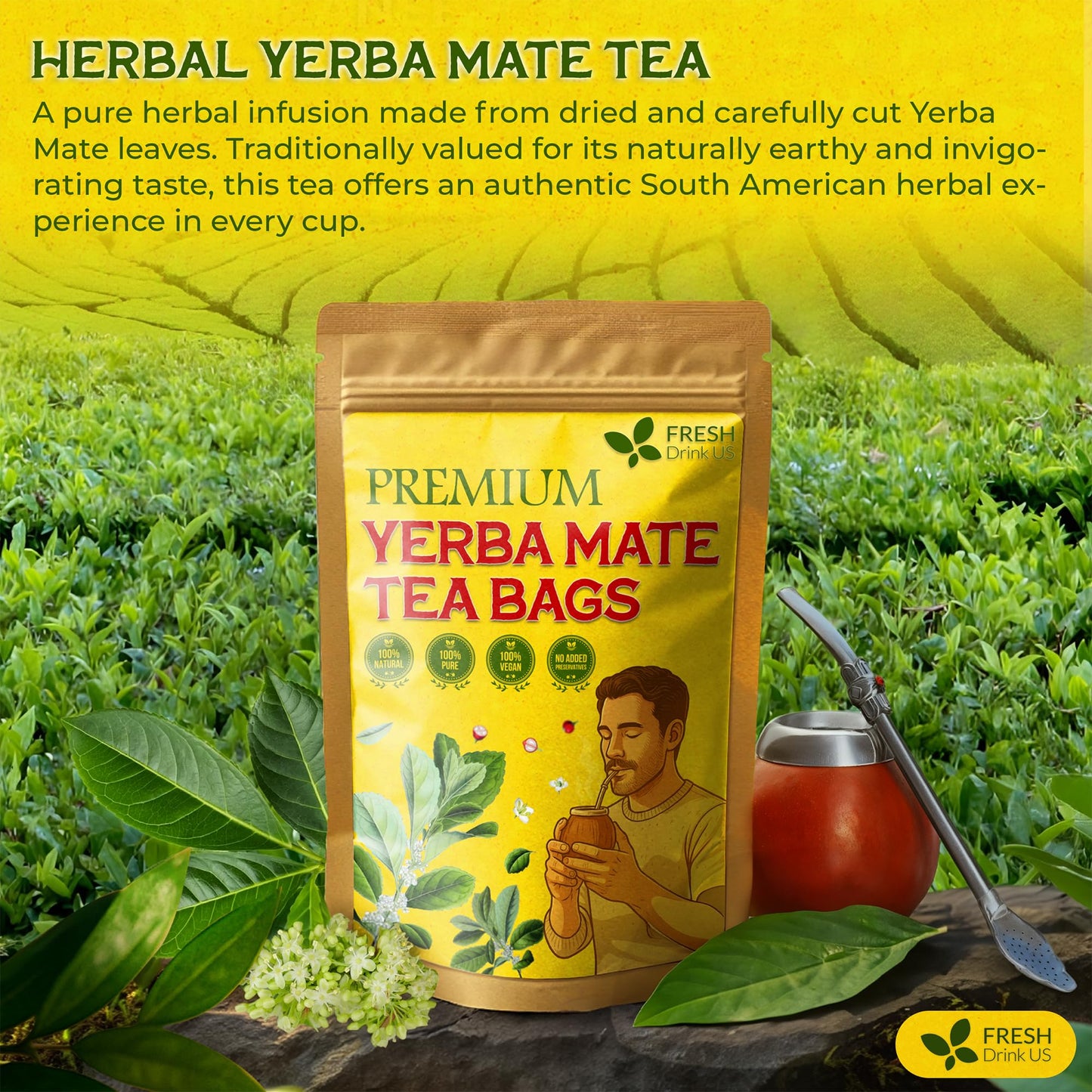 FreshDrinkUS  Yerba Mate Tea Bags | 120 Tea Bags | Traditional South American Herbal Tea - Smooth & Refreshing Flavor - enhanced Quality  Sustainably Sourced. Vegan.