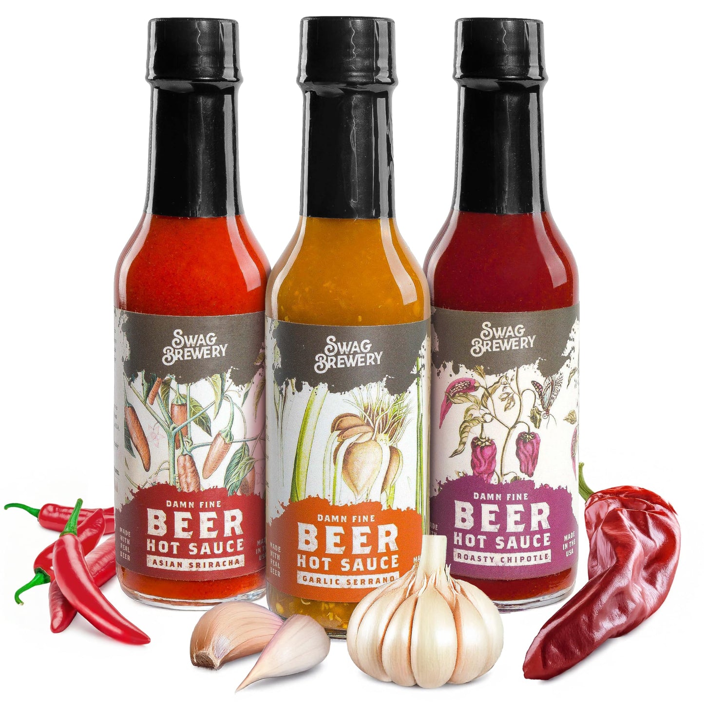 Swag Brewery Beer-infused Hot Sauce Variety 3-pack - Asian Sriracha, Garlic Serrano, Roasty Chipotle - 5 Fl Oz (Pack of 3)