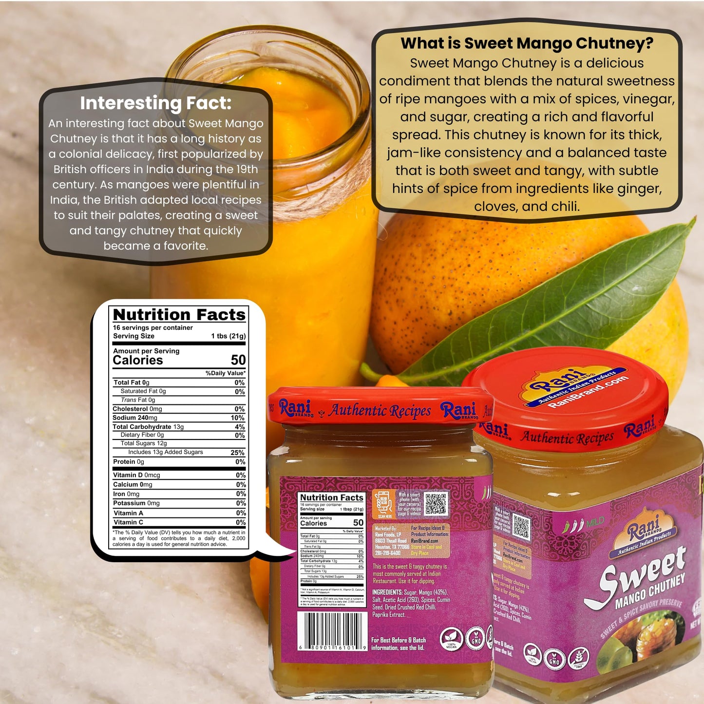 Rani Sweet Mango Chutney (Indian Preserve) 12.3Oz (350G) Glass Jar, Ready To Eat, Vegan, Pack Of 5+1 ~ Gluten Free, All Natural,