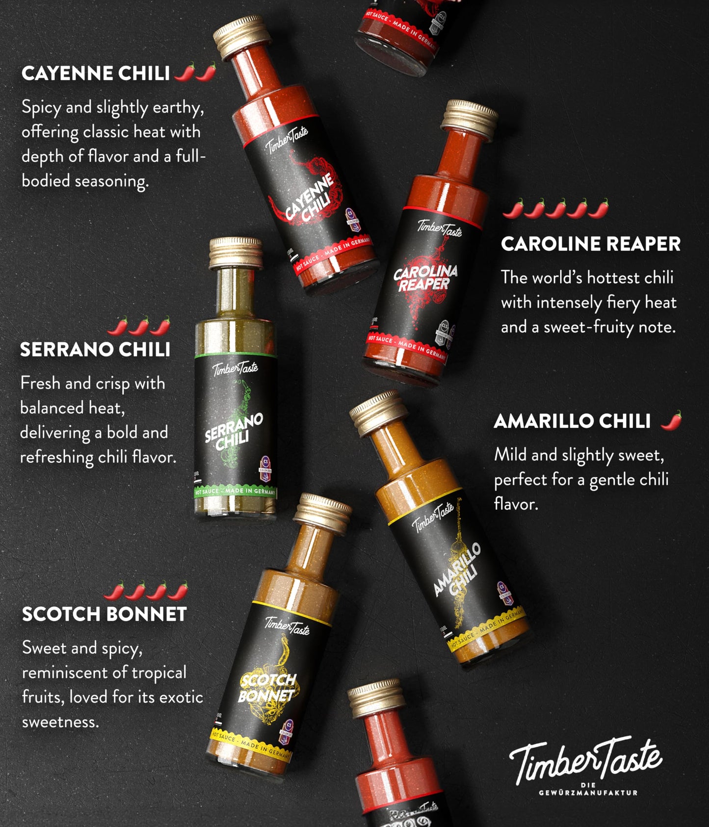 Timber Taste Color Hot Sauce Gift Set [5X1.35 Oz] Hot Sauce Variety Pack - Spicy Condiment Set For Heat Lovers In Mini Bottles -