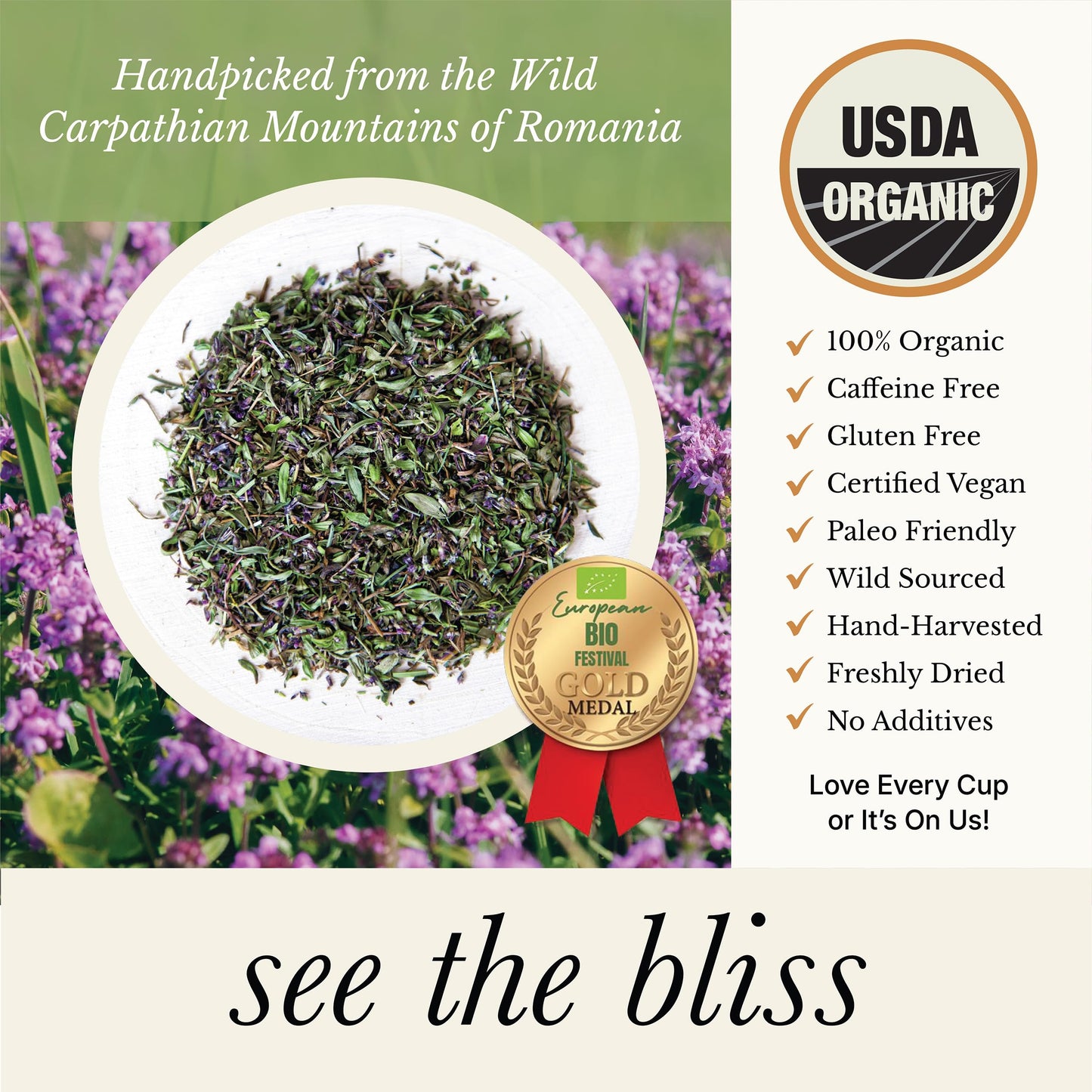 Wild Bliss Organic Wild Breckland Thyme Tea - Loose Leaf Herbal Tea - Caffeine Free - 100 Servings - 7.05 Oz