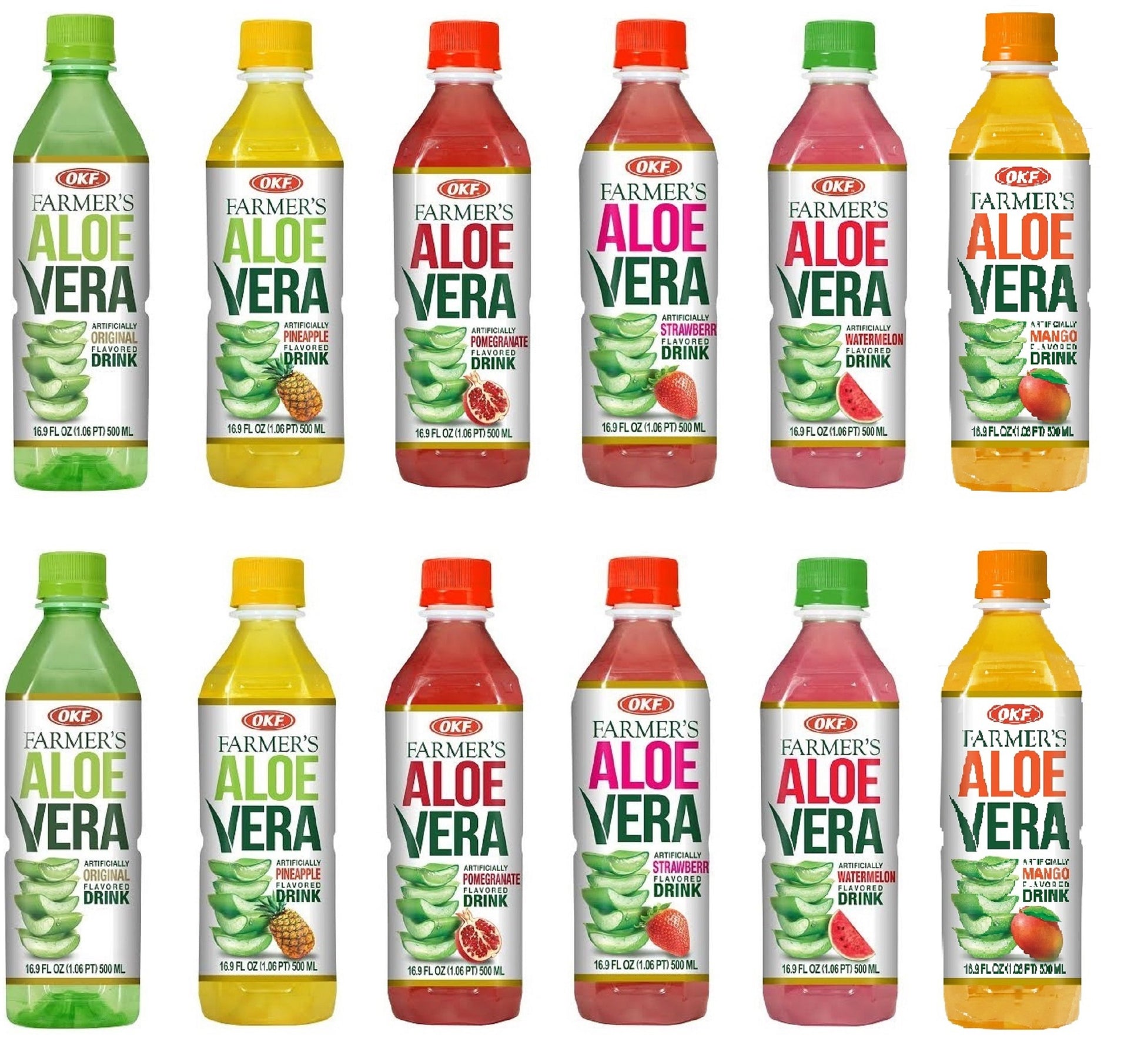 Okf Farmer'S Aloe Vera Drink With Pulp Variety Pack Includes Original, Pineapple, Mango, Watermelon, Pomegranate, And Strawberry.(6 Flavor Variety Pack, 12 Pack)