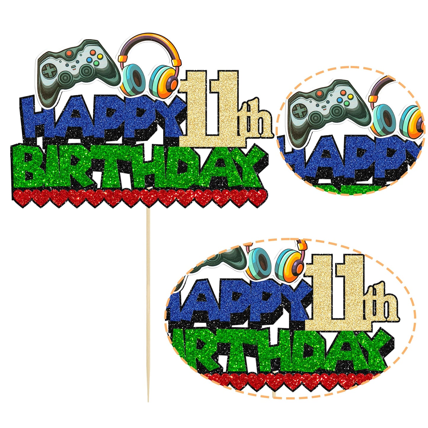 Ephlyn 1Pcs Video Game Happy 11Th Birthday Cake Topper Glitter Video Game Cake Pick Game On Controllers Ten Cheers To 11 Years C