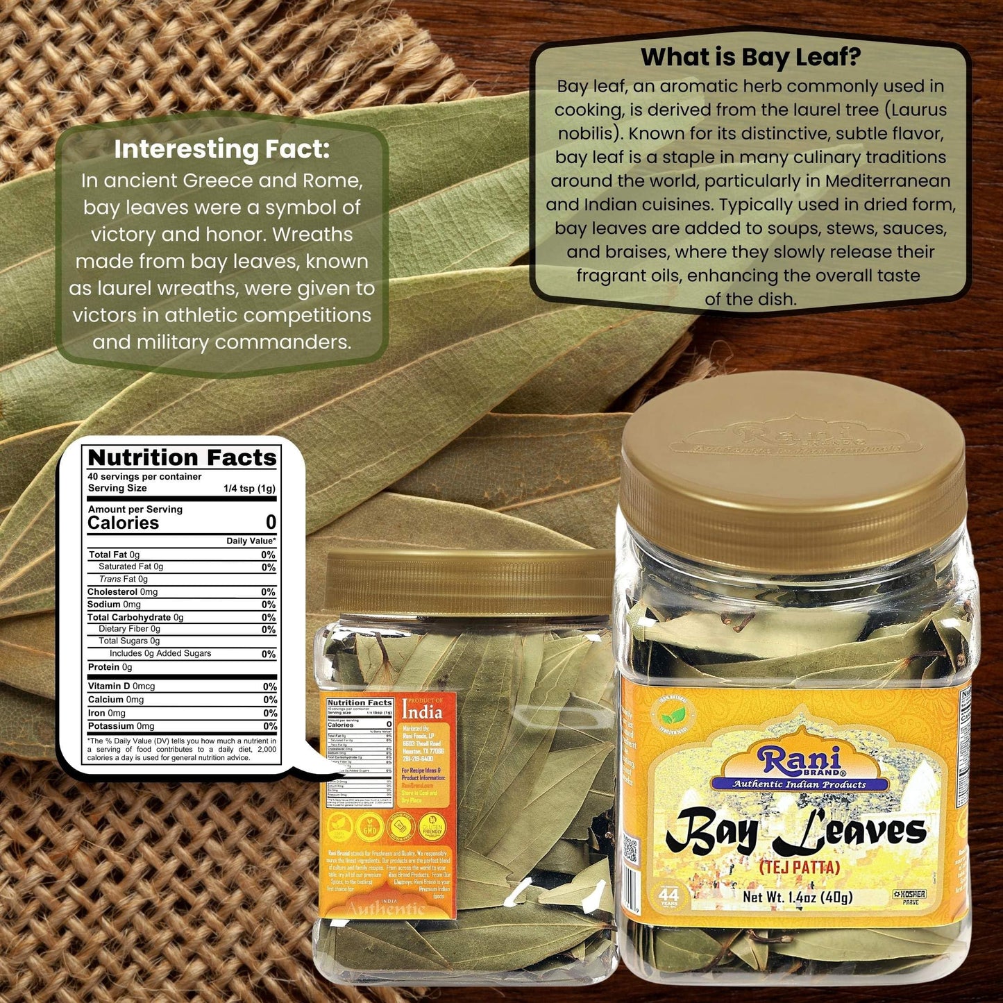 Rani Bay Leaf (Leaves) Whole Spice Hand Selected Extra Large 1.4Oz (40G) Pet Jar ~ All Natural | Gluten Friendly | Non-Gmo | Kosher | Vegan | Indian Origin (Tej Patta)
