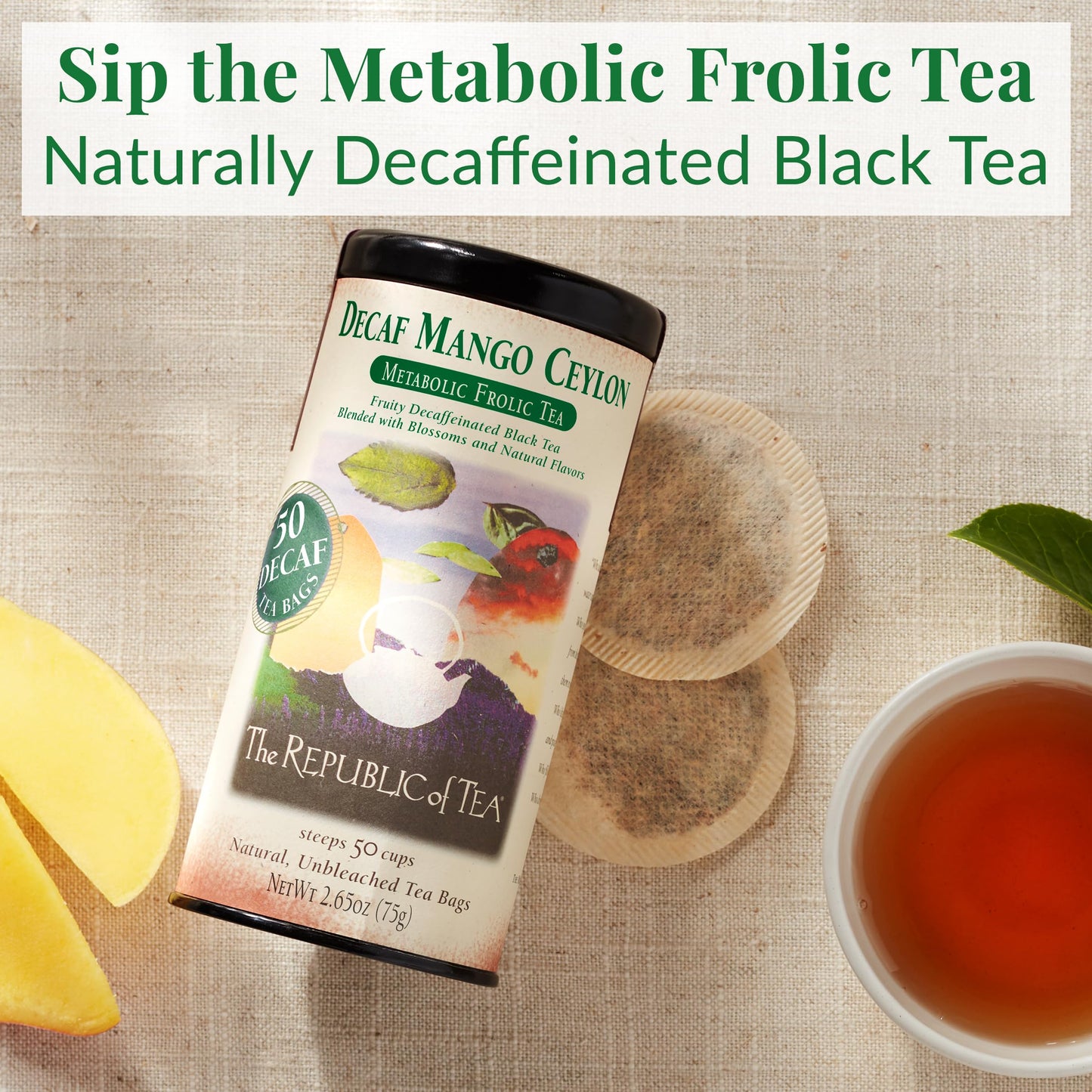 The Republic of Tea Decaf Mango Ceylon Black Tea Tin, 50 Tea Bags, Environmentally-Friendly, Pack of 1