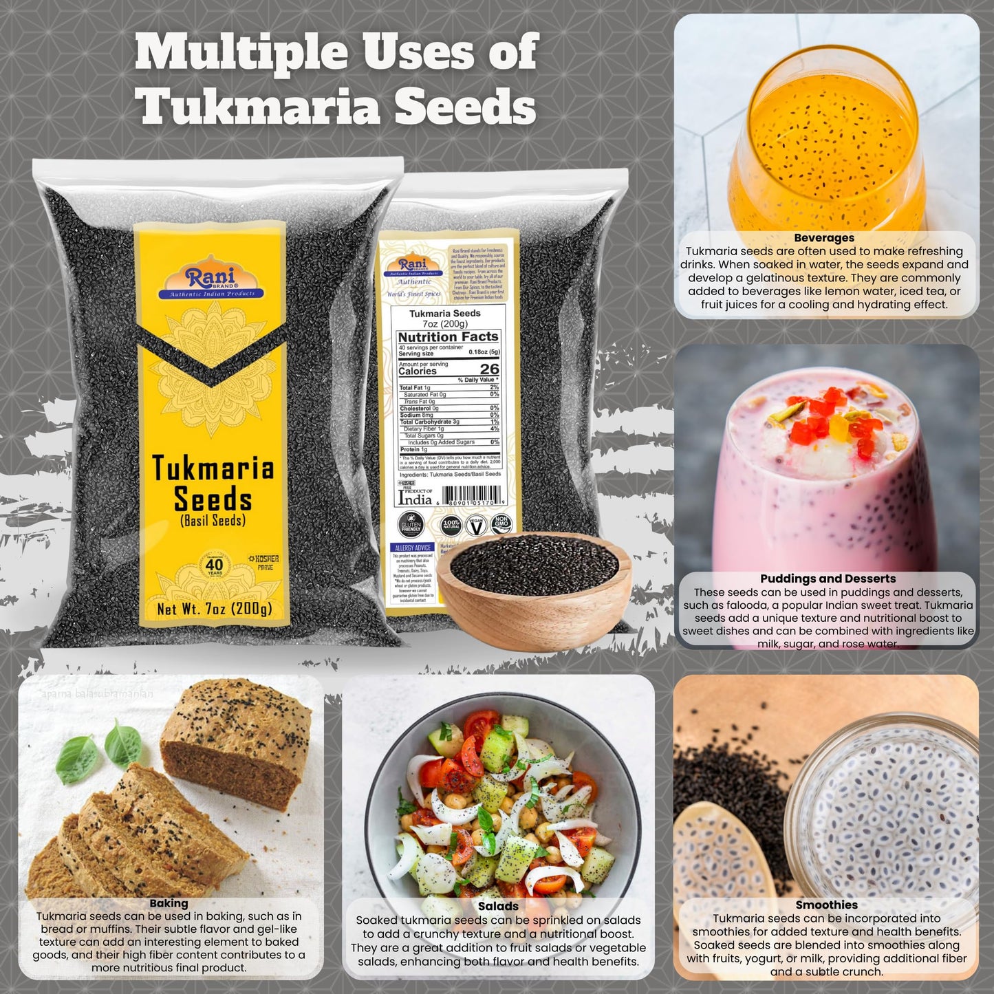 Rani Tukmaria (Holy Basil Seeds) 7Oz (200G) Used For Falooda / Sabja Dessert, Spice & Ayurveda Herbal ~ All Natural | Gluten Friendly | Non-Gmo | Vegan | Indian Origin