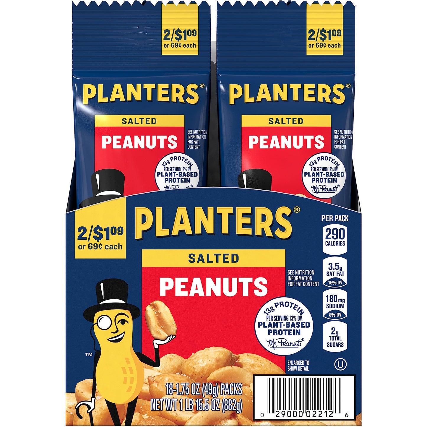 PLANTERS Salted Peanuts, 1.75 oz., 18 Count Pack - Snack Size, Perfect for On-the-Go