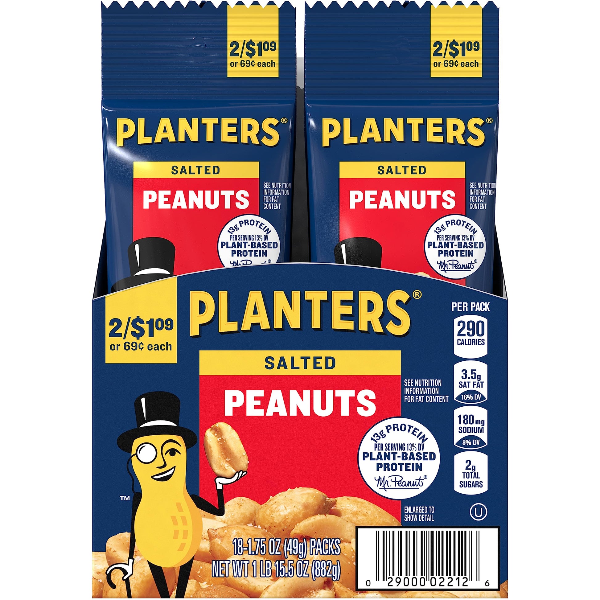 PLANTERS Salted Peanuts, 1.75 oz., 18 Count Pack - Snack Size, Perfect for On-the-Go